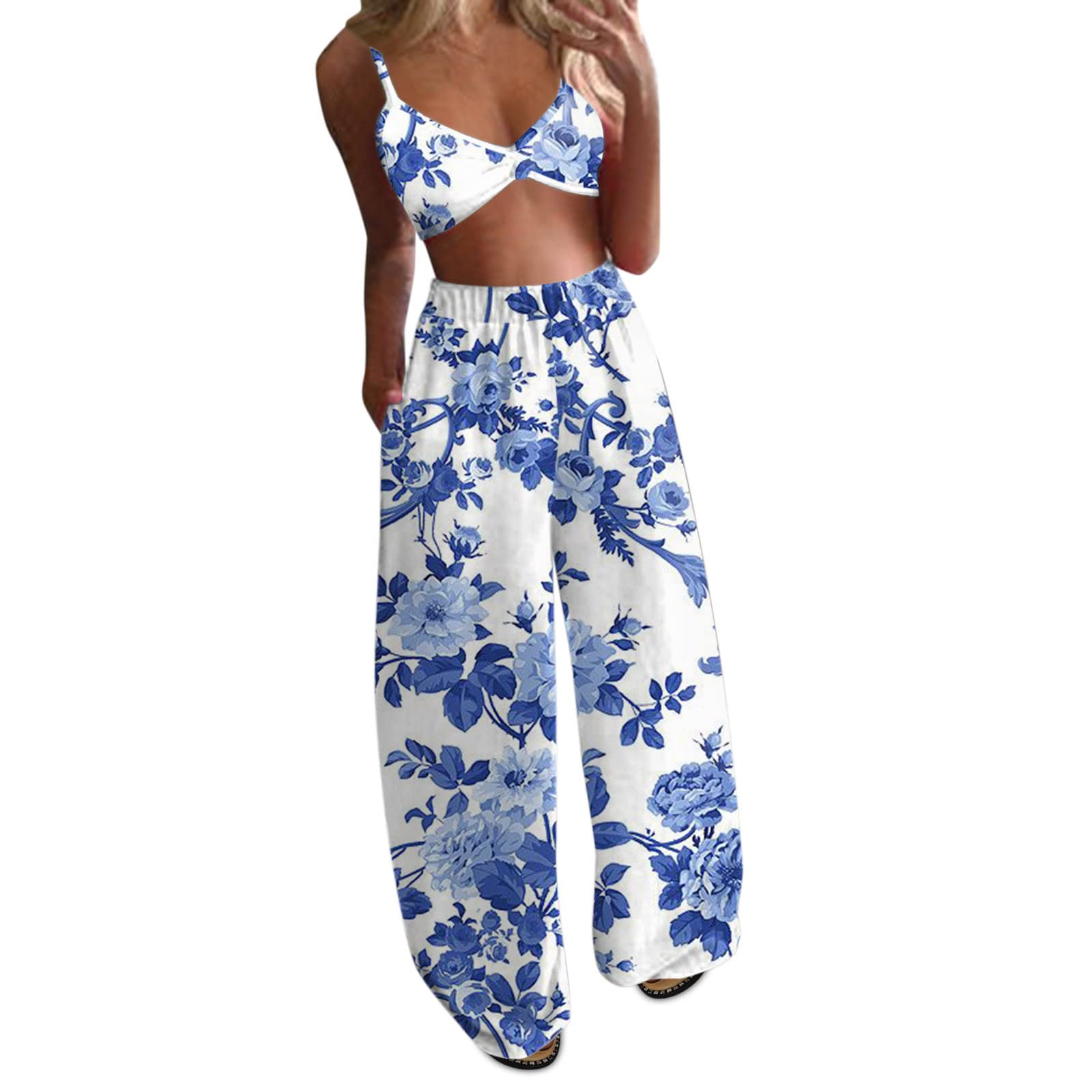 Boho Wide Leg Women's Pants Outfit - Loose Printed Crop Top & Pants Set 2 Piece - Casual Summer Beach Wear & Festival Outfits for Women