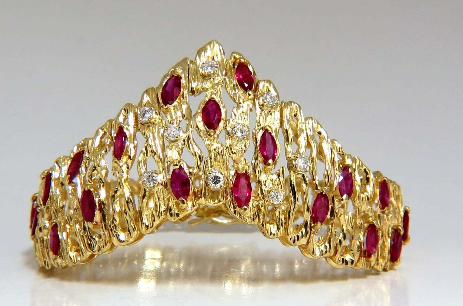 6.00ct Natural Ruby Diamond Coral Patina Chevron Cuff Bracelet 18K Gold - Elegant Statement Jewelry for Weddings, Parties & Special Occasions
