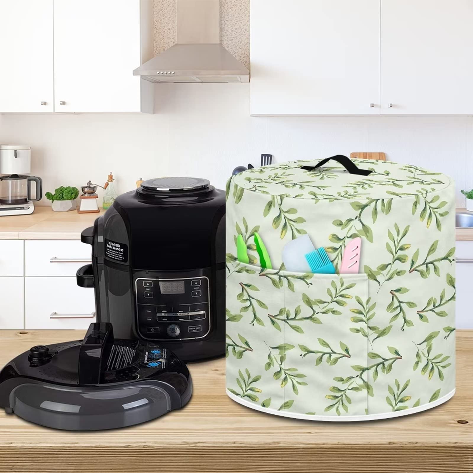 Green Leaves Print Pressure Cooker Cover - Dust Protection Appliance Cover for 8-Quart Air Fryer & Cooker - Perfect for Kitchen Storage & Countertop Organization