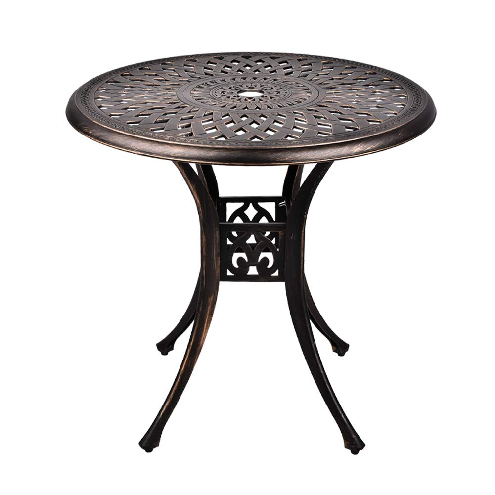 OKIDA 31 Inch Round Cast Aluminum Outdoor Dining Table - Weather-Resistant Patio Bistro Table with 2 Inch Umbrella Hole - Perfect for Backyard, Garden, Poolside & Restaurant Outdoor Seating