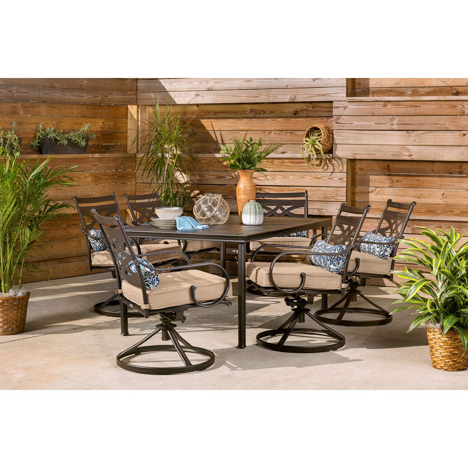 Hanover Montclair 7-Piece Outdoor Dining Set with 6 Swivel Rocking Chairs, Tan Cushions & Durable Steel Table - All-Weather Patio Furniture for Deck, Garden, Backyard - Perfect for Family BBQs, Outdoor Entertaining and Relaxing