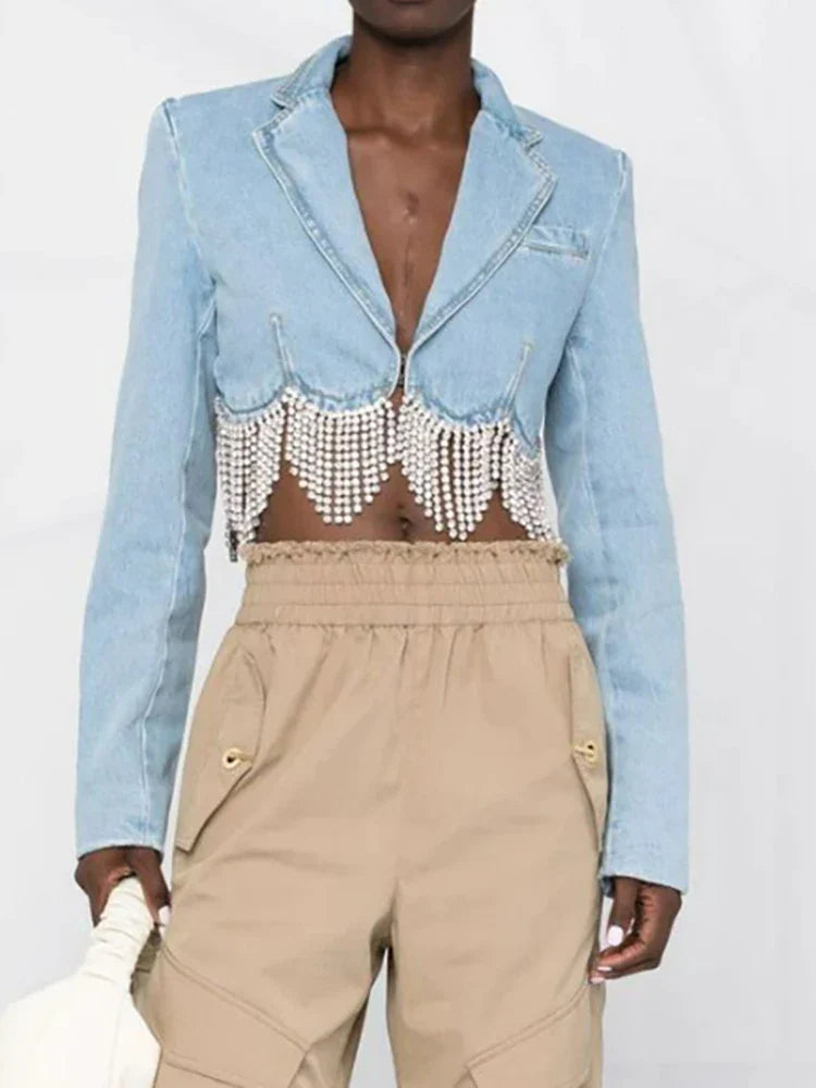 Women's Notched Collar Denim Jacket with Diamond Tassel & High Waist Butterfly Cutout Design - Trendy Summer Short Coat for Casual Outfits, Date Nights & Streetwear Fashion