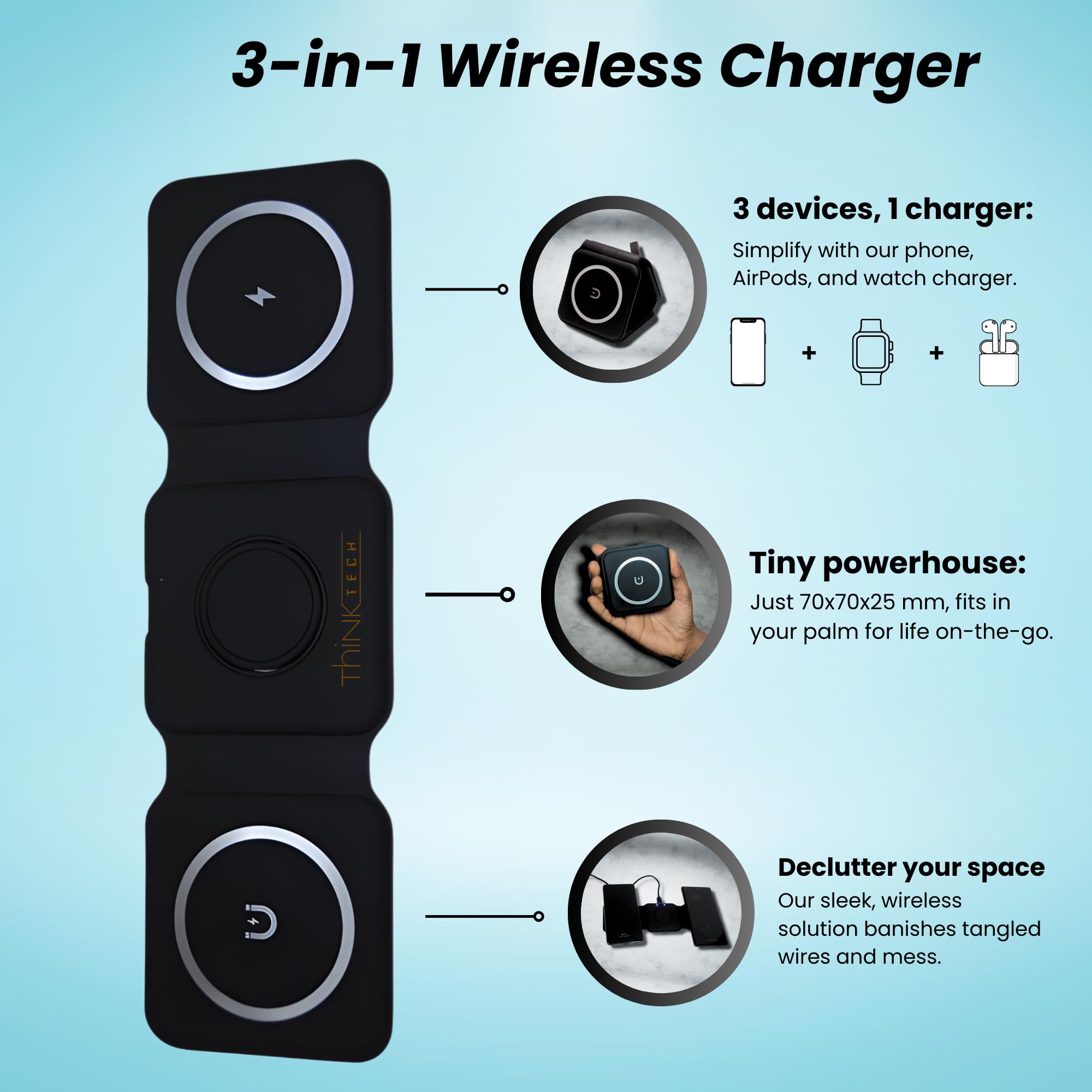 3-in-1 Wireless Charger for iPhone AirPods Watch | Portable Qi Charging Station | Office & Bedside Use