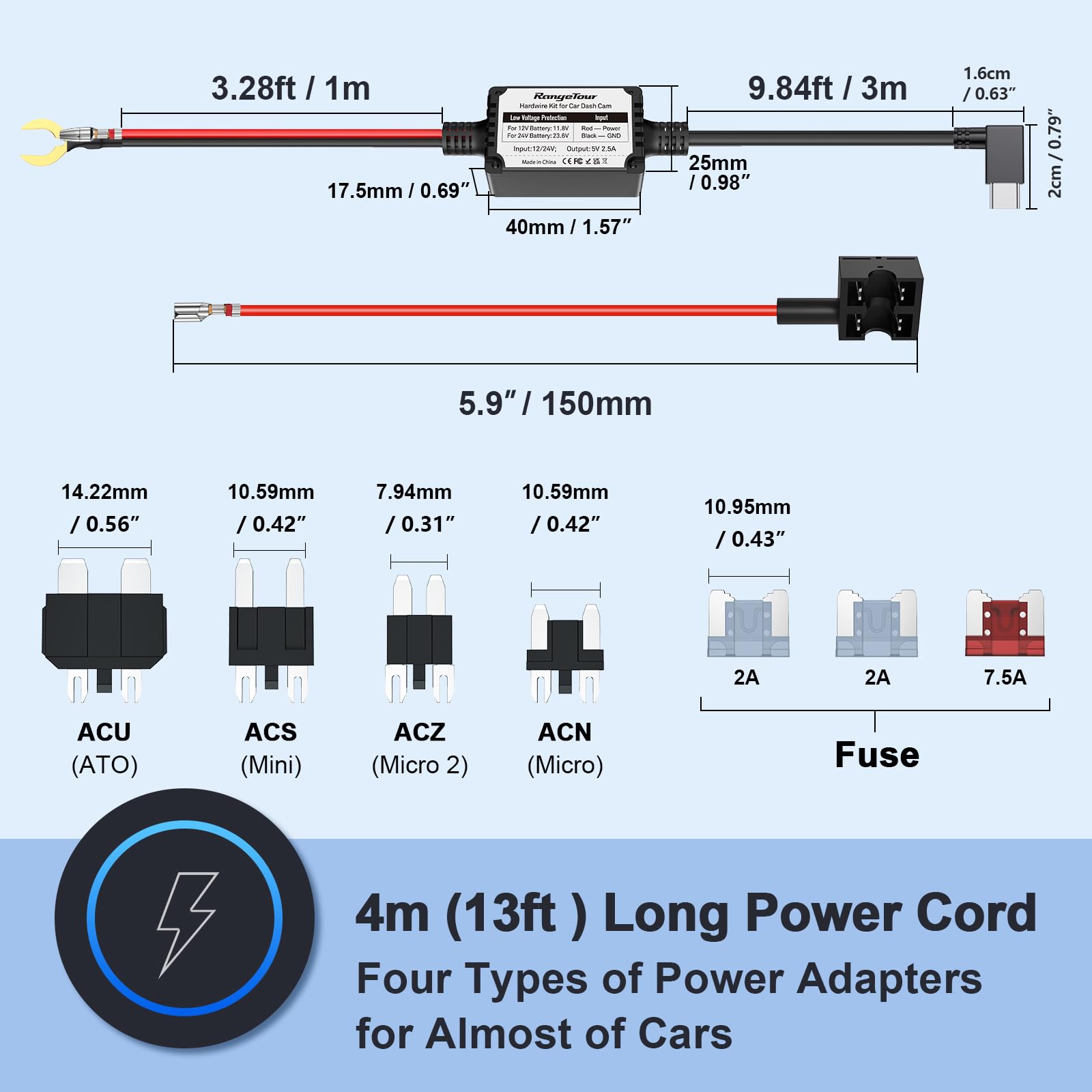 Premium USB-C Hardwire Kit for Dash Cam - 12V/24V to 5V 2.5A Power Cord with 4 Adapters & 3 Fuses - 4m Car Charger Cable for Dashcam, GPS & Car Electronics - Perfect for Continuous Recording & Parking Mode