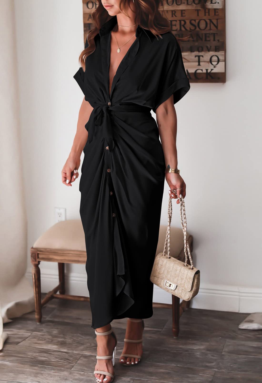 Elegant Women's Satin Button Down Short Sleeve Maxi Shirt Dress with Belt - Perfect for Summer Outings, Beach Vacations & Casual Office Wear