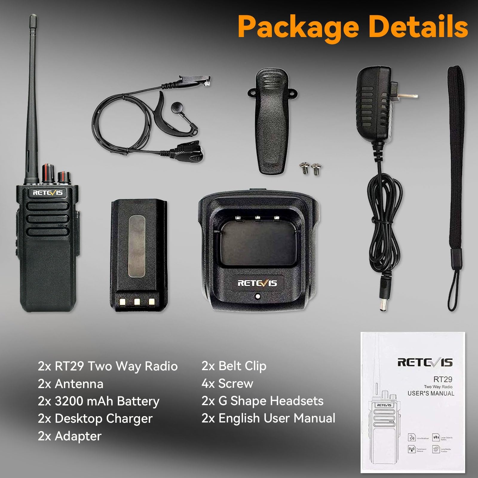 Retevis RT29 Long Range Walkie Talkies for Adults - 2 Pack Heavy Duty Two Way Radios with 3200mAh Rechargeable Battery, Emergency Alarm & Earpiece - Ideal for Outdoor Activities, Hiking, Camping, Construction & Emergency Communication