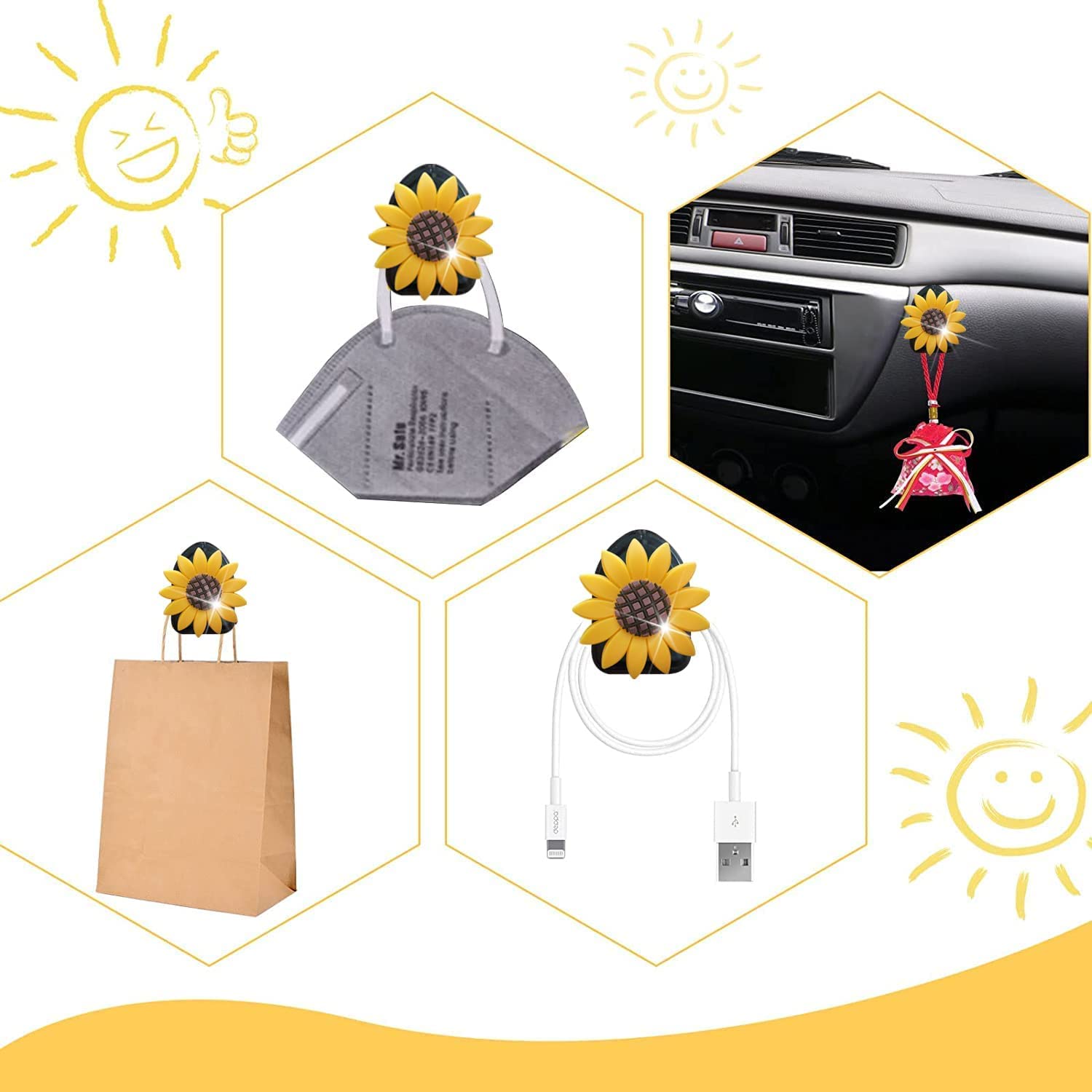 Bling Bee Air Vent Clips - 4 Pack Crystal Bee Car Air Fresheners & Diffusers - Rhinestone Car Decor for Women - Elegant Interior Accessories + Free Sunflower Mask Hook - Perfect for Cars, Office & Gifts