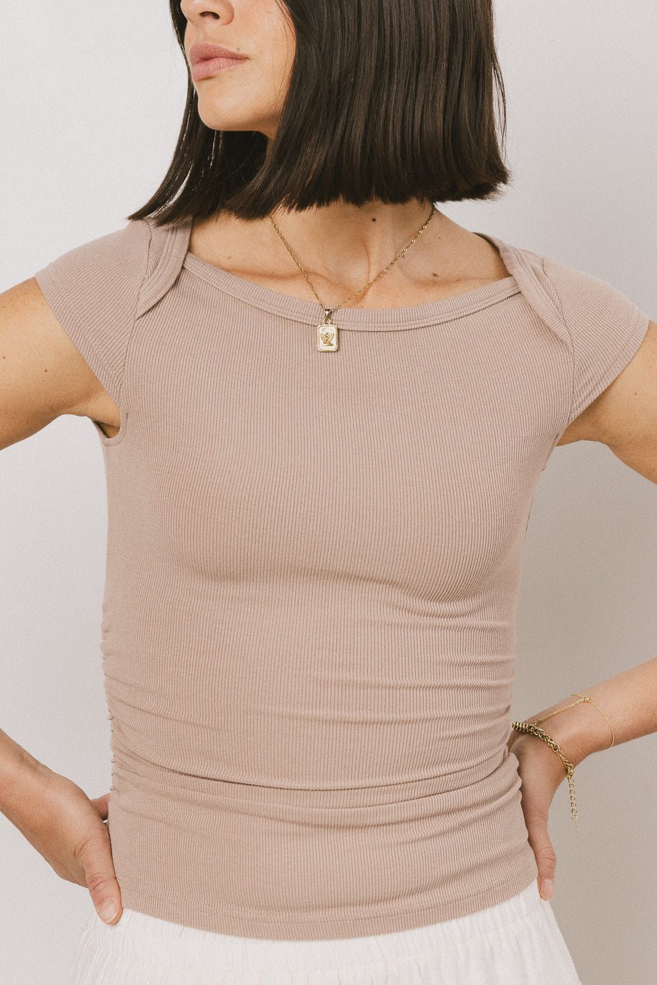 Leia Cap Sleeve Basic Top in Taupe | Women's Casual Short Sleeve Blouse | Perfect for Work, Date Night & Everyday Wear