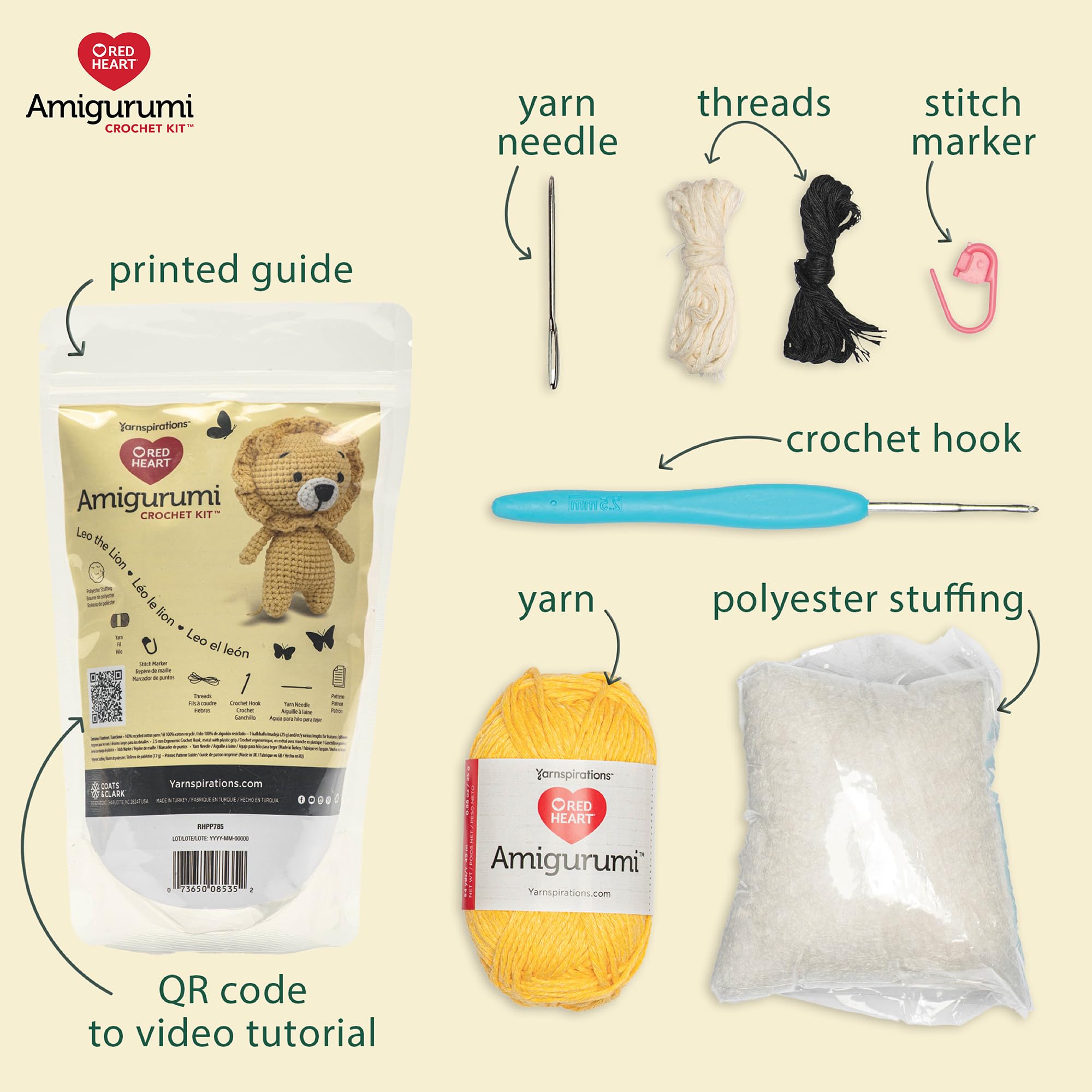 Red Heart Amigurumi Leo The Lion Crochet Kit - DIY Lion Plush Toy Making Set with Yarn & Instructions - Perfect for Crafting, Gifts & Home Decor