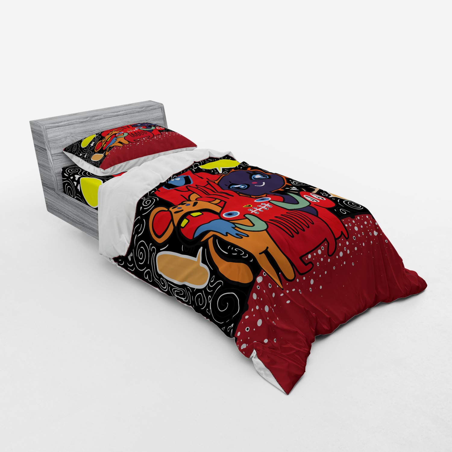 Ambesonne Indie Monster City Bedding Set - 3 Piece Duvet Cover with Sham & Fitted Sheet, Twin XL, Funny Character Print with Speech Bubbles, Floral Swirls, Hearts & Stars - Perfect for Kids Rooms, Dorm Decor & Unique Gift Ideas