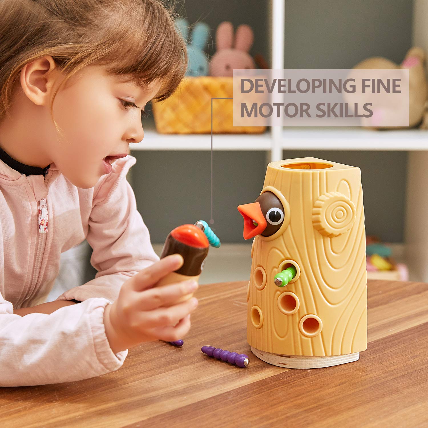 TOP BRIGHT Montessori Toys for Toddlers 2-4 Years - Woodpecker Worm Magnetic Game for Fine Motor Skills | Preschool Learning & Play