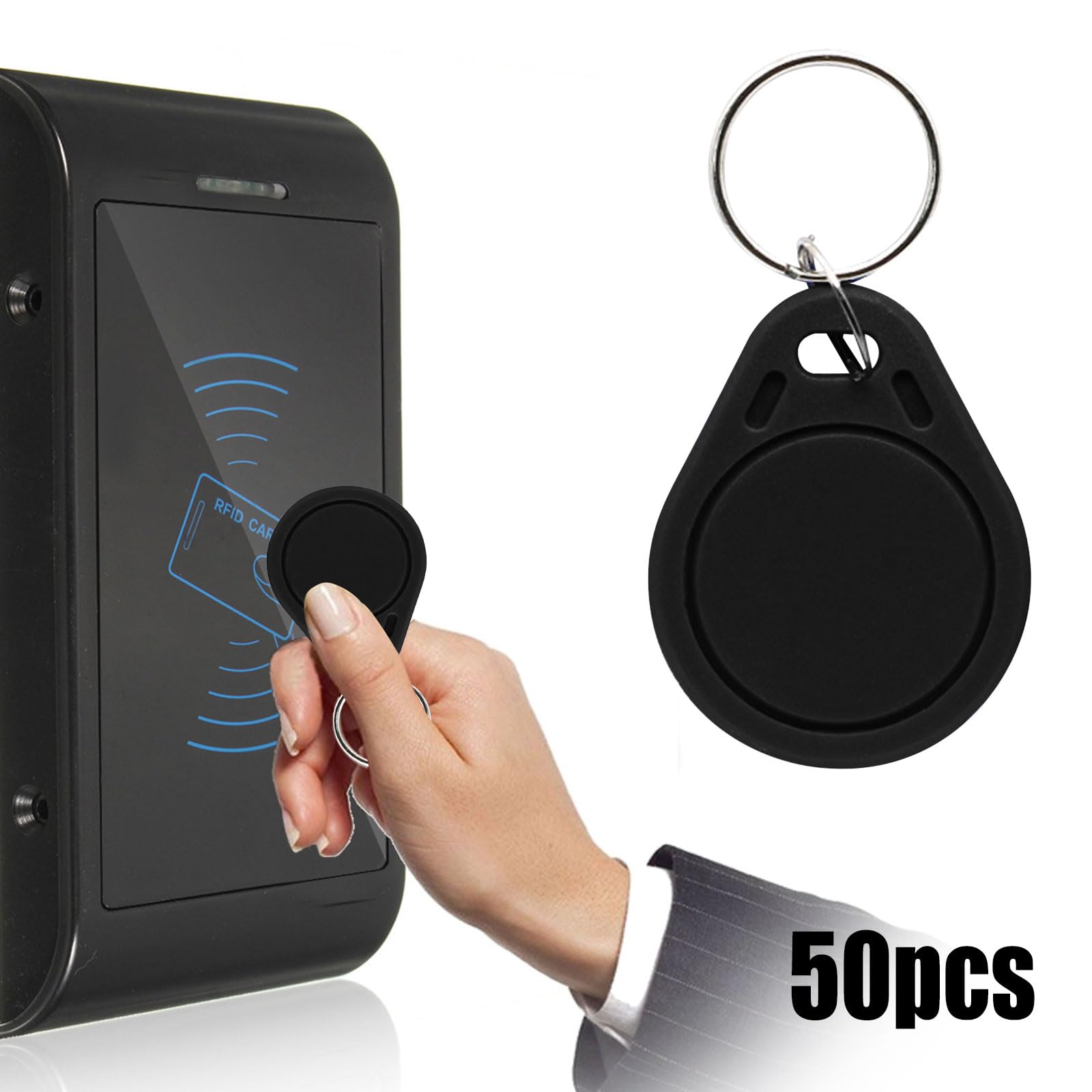 50Pcs 125kHz RFID Writable Rewritable T5577 Fob Tag - Key Fob Proximity ID Card Token for RFID Writer (Black) | Access Control, Security Systems, Time Attendance Tracking