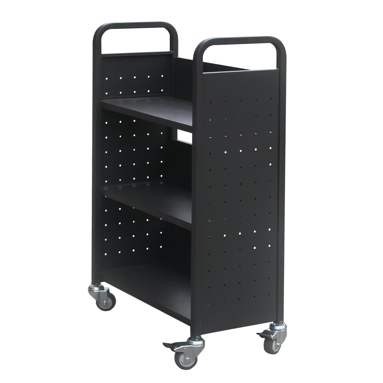 H&A Heavy Duty Book Cart with Wheels - 4-Wheel Rolling Library Cart, 3-Shelf Mobile Bookcase for Office, School & Library Storage - Black | Ideal for Classroom Organization, Book Circulation & Office Supplies Transport
