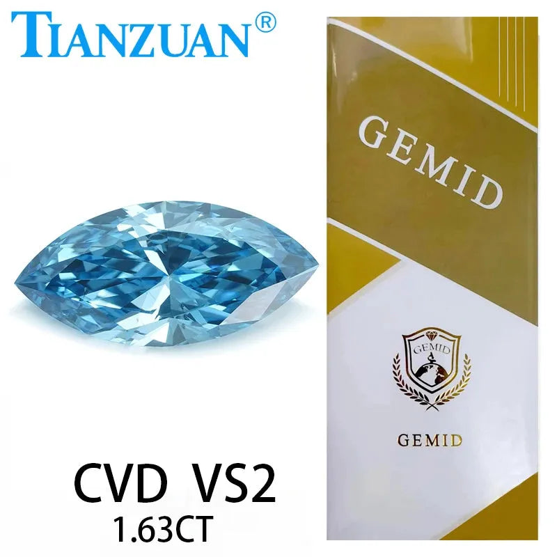 1.635ct VS2 Lab Grown Marquise Diamond - CVD Fancy Vivid Blue Color, 2EX Cut, GEMID Certified Loose Gemstone for Engagement Rings & Fine Jewelry Making