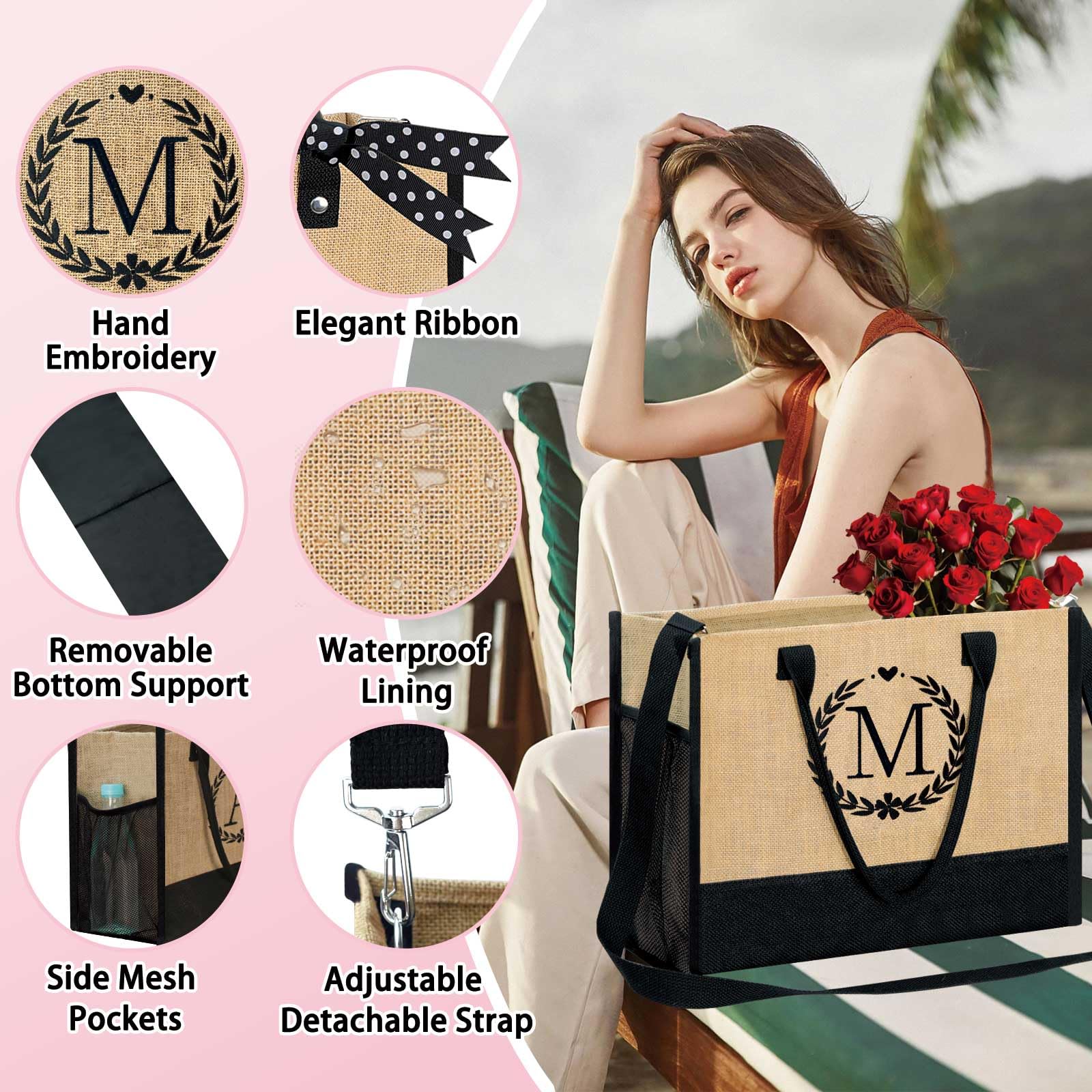 Personalized Initial Jute Tote Bag & Makeup Pouch Set - Monogrammed Gifts for Women, Brides, Moms - Perfect for Beach, Travel, Shopping & Everyday Use