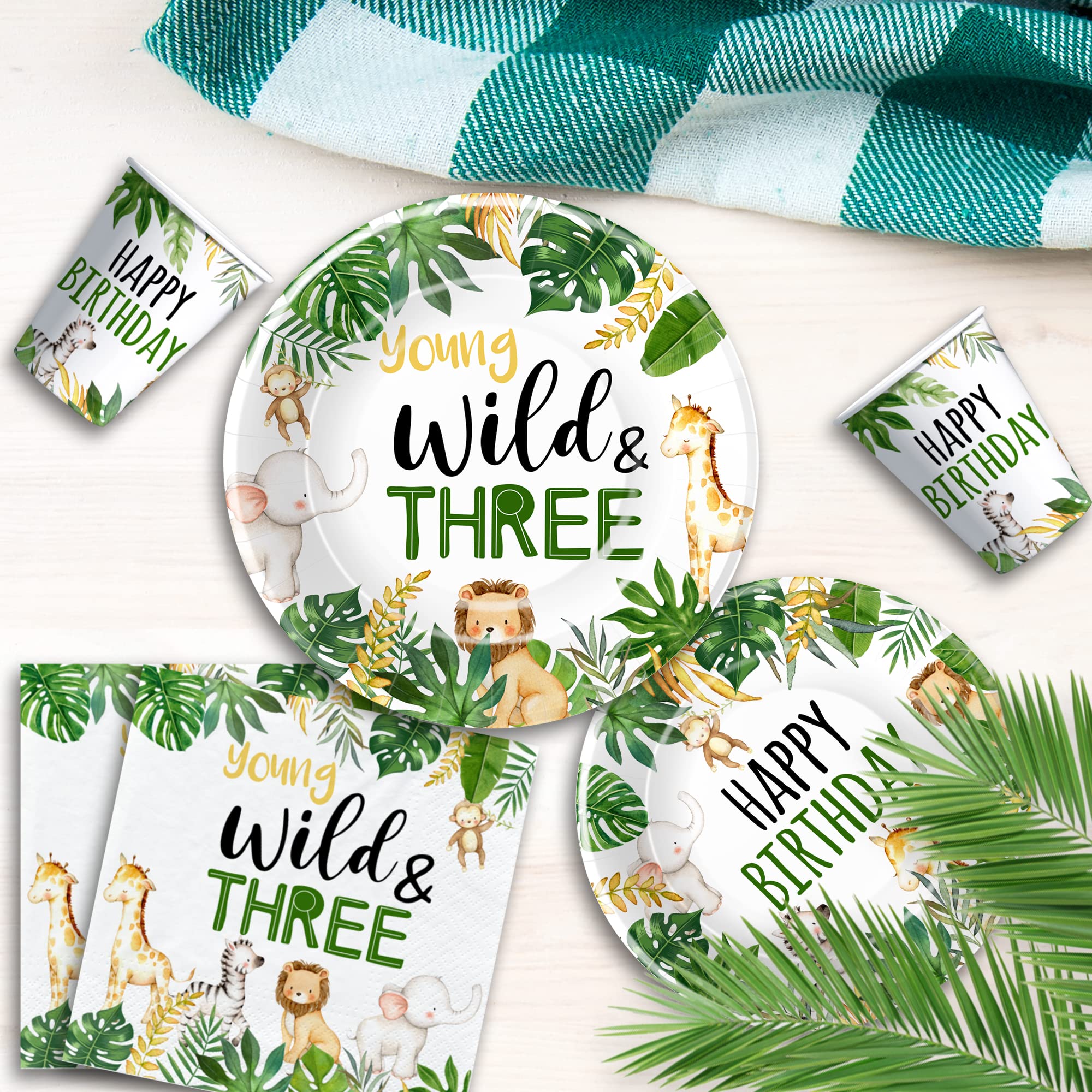 Jungle Animal 3rd Birthday Party Supplies - Wild & Three Decorations Set for Safari Theme (24-Pack) | Includes Tableware, Paper Plates, Napkins, Tablecloth & Forks | Perfect for Kids Birthday Parties, Baby Showers & Zoo-Themed Events