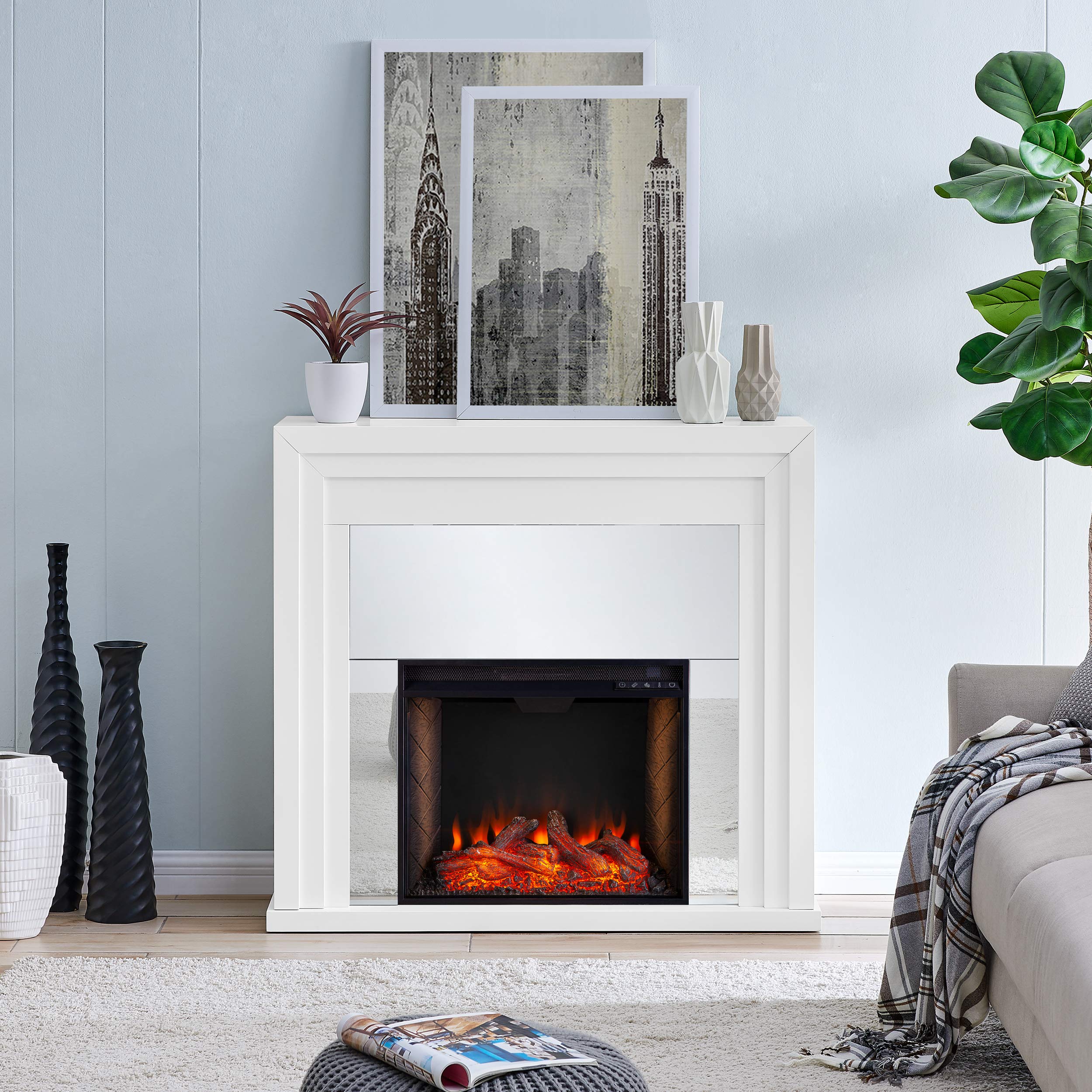 SEI Furniture Stadderly Alexa-Enabled Electric Fireplace with Mirror - White - Smart Home Heating for Living Room, Bedroom & Office