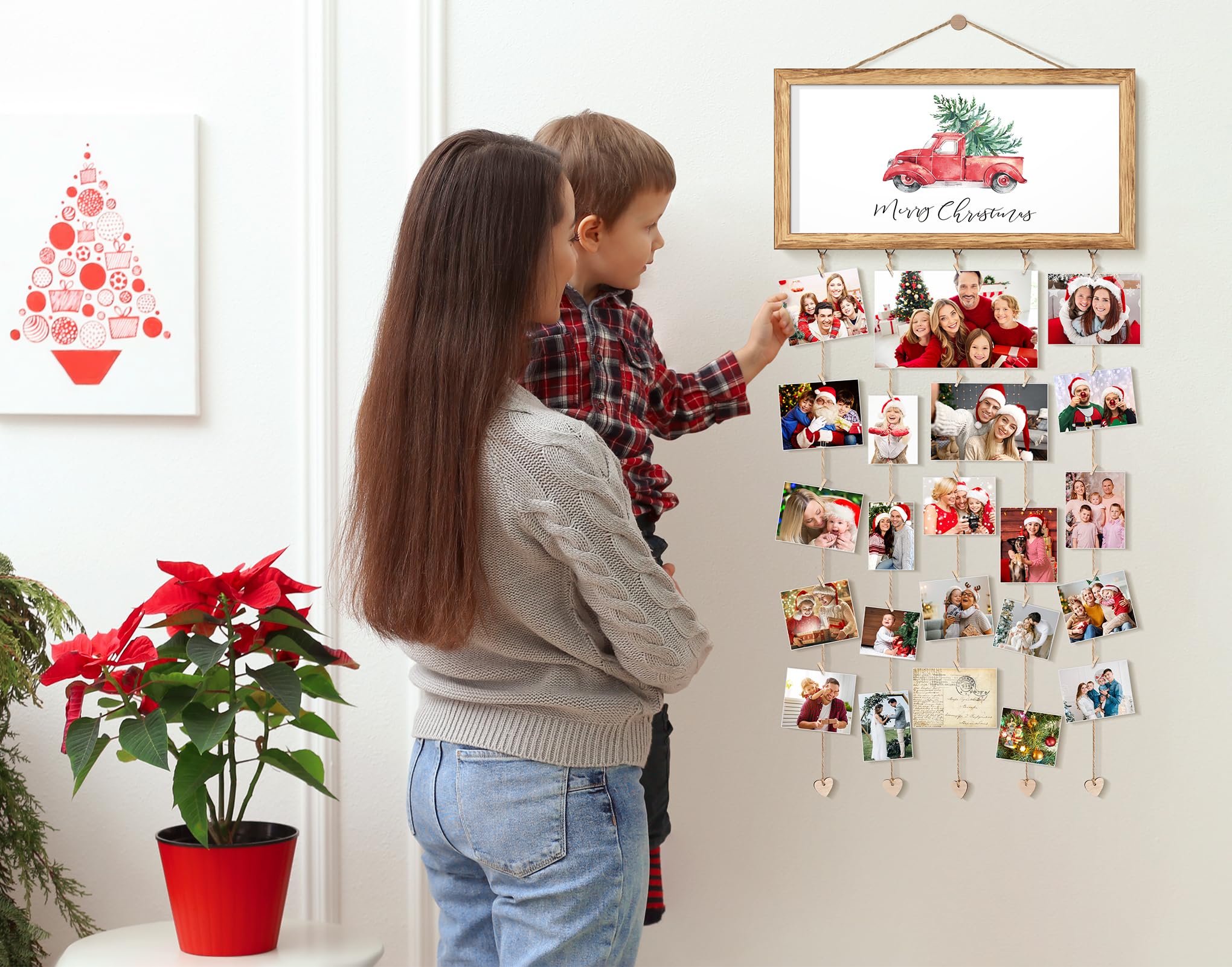 Wooden Christmas Card Holder Display - Wall Hanging Photo Clip Organizer for Holiday Greeting Cards | Merry Christmas Sign & Family Wall Decor | Perfect for Living Room, Bedroom, Entryway Decorations | Great Gift Idea for Christmas