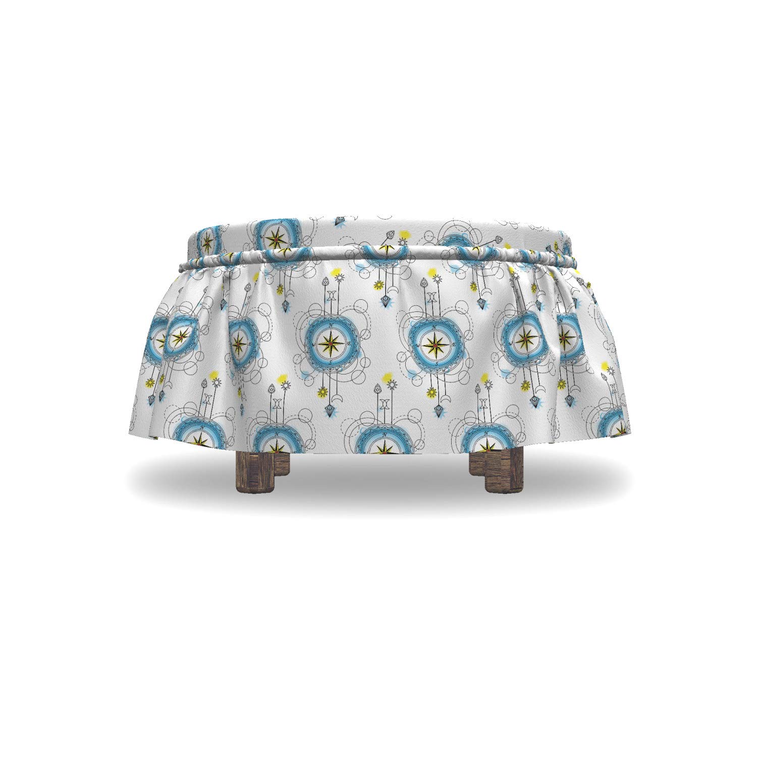 Ambesonne Tattoo Ottoman Cover Set - 2 Piece Aquarelle Compass Travel Design Slipcover with Ruffle Skirt for Square/Round Cube Footstool | Standard Size Blue Black Yellow | Home Decor Accent for Living Room, Bedroom & Office