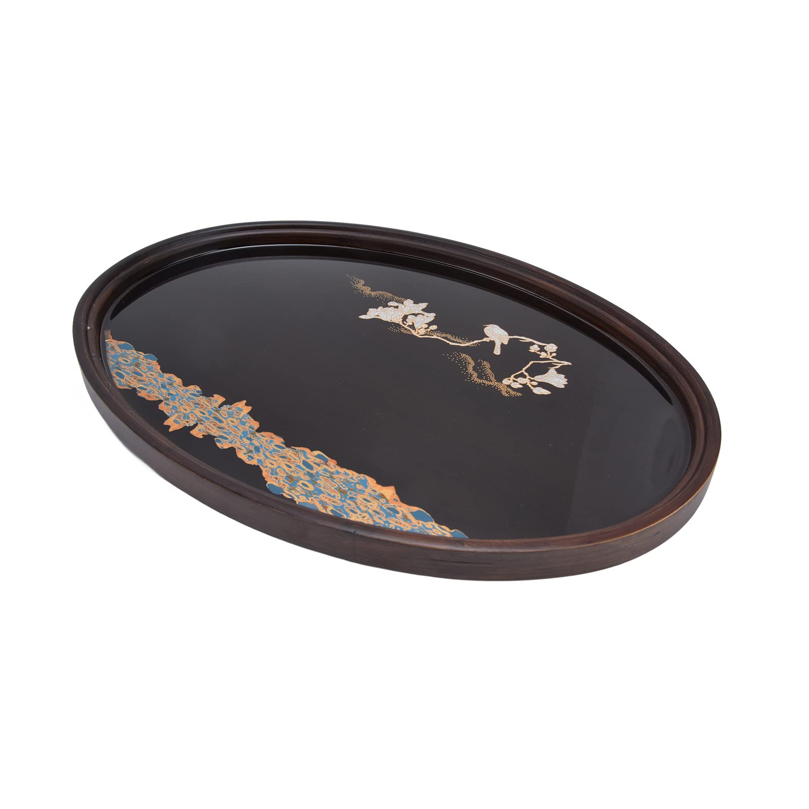 Premium Japanese Style Bamboo Tea Tray - Handcrafted Resin & Walnut Serving Tray for Coffee, Tea & Snacks - Elegant Oval Large Food Tray for Home, Office & Zen Decor - Perfect for Tea Ceremonies, Entertaining Guests & Asian-Inspired Dining
