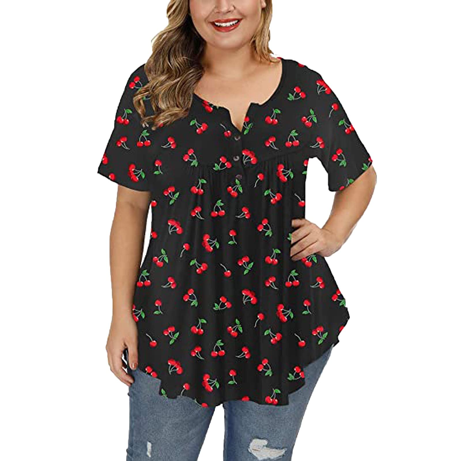 FMCHICO Women's Plus Size Summer Blouse - V Neck Henley Button Up Tunic Top with Ruffle Detail & Flowy Short Sleeve - Casual T-Shirt for Beach, Office & Everyday Wear