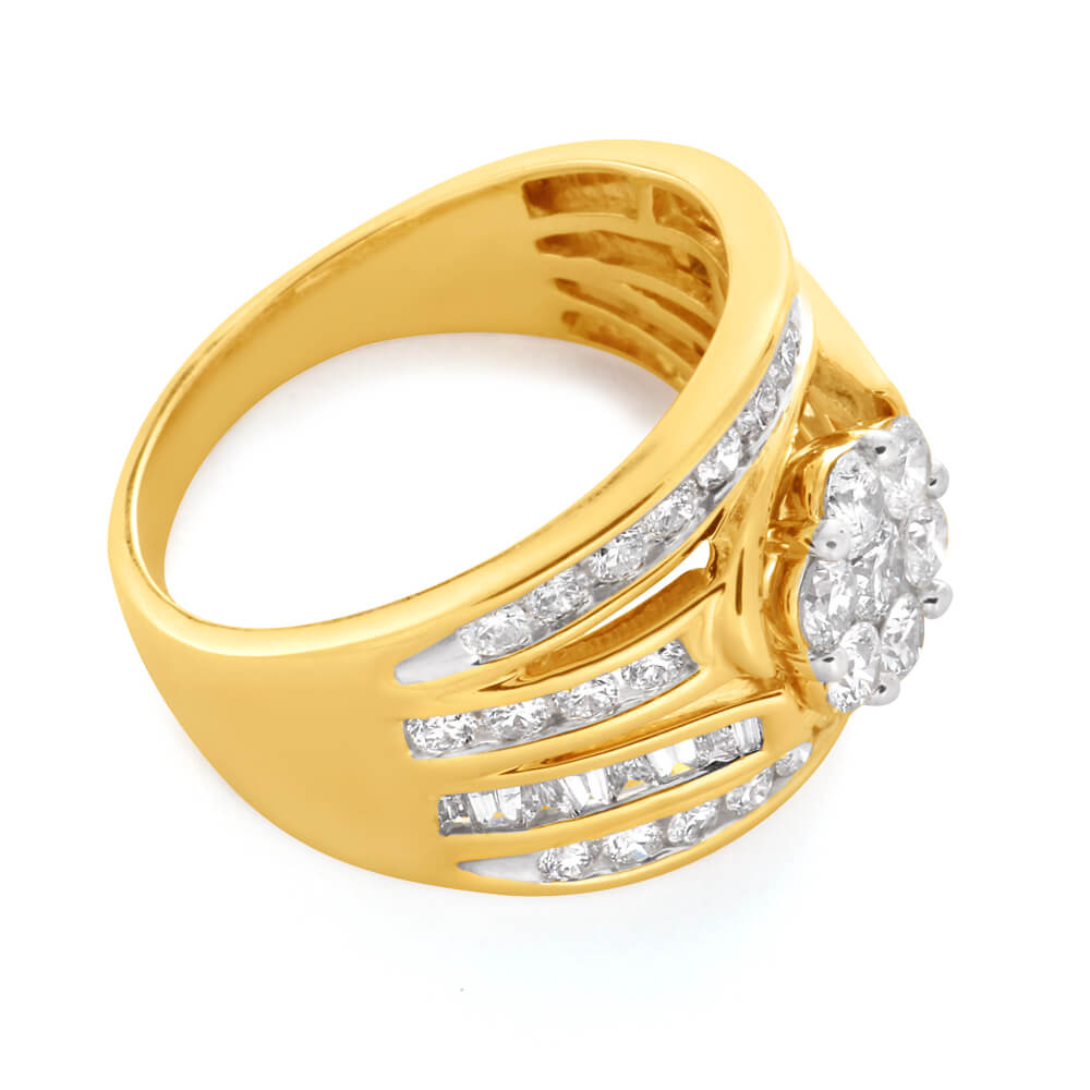 9ct Yellow Gold 2 Carat Diamond Ring with Brilliant & Tapered Cut Diamonds - Elegant Engagement, Wedding & Anniversary Jewelry Gift for Women