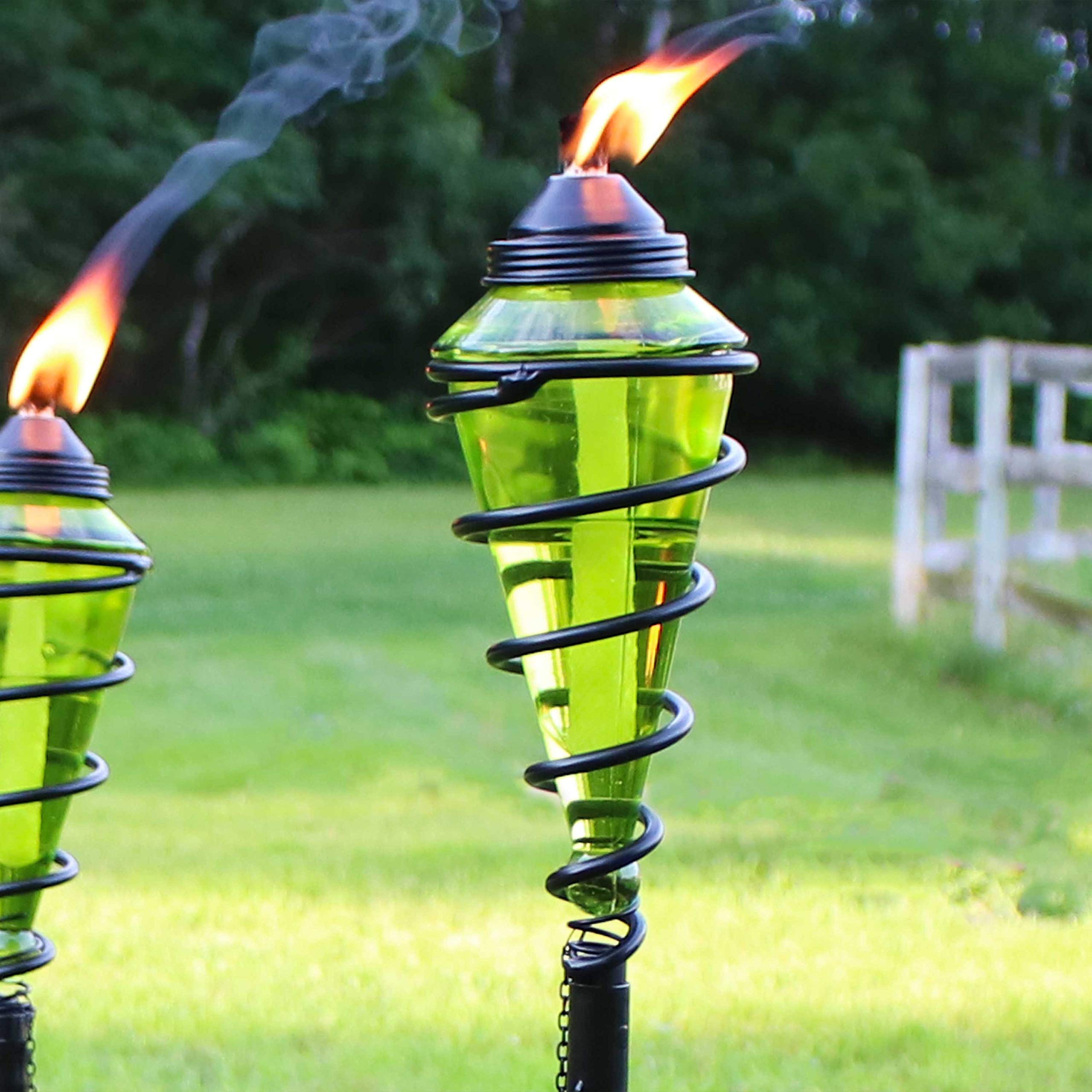 Adjustable Green Glass Torch with Metal Swirl Design - 25 to 66 Inch Height - Set of 4 Outdoor Patio Fire Pits for Backyard, Garden & Poolside Decor