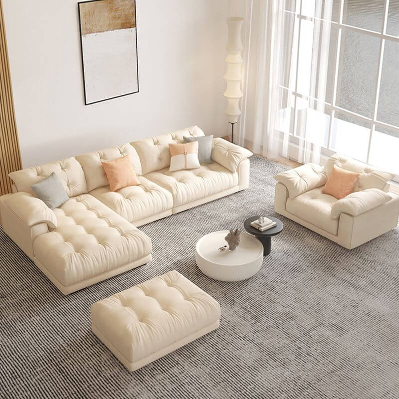 Tufted L-Shaped Sofa Chaise in Cream with Concealed Support & Pine Frame - Perfect for Living Rooms, Home Theaters and Small Spaces