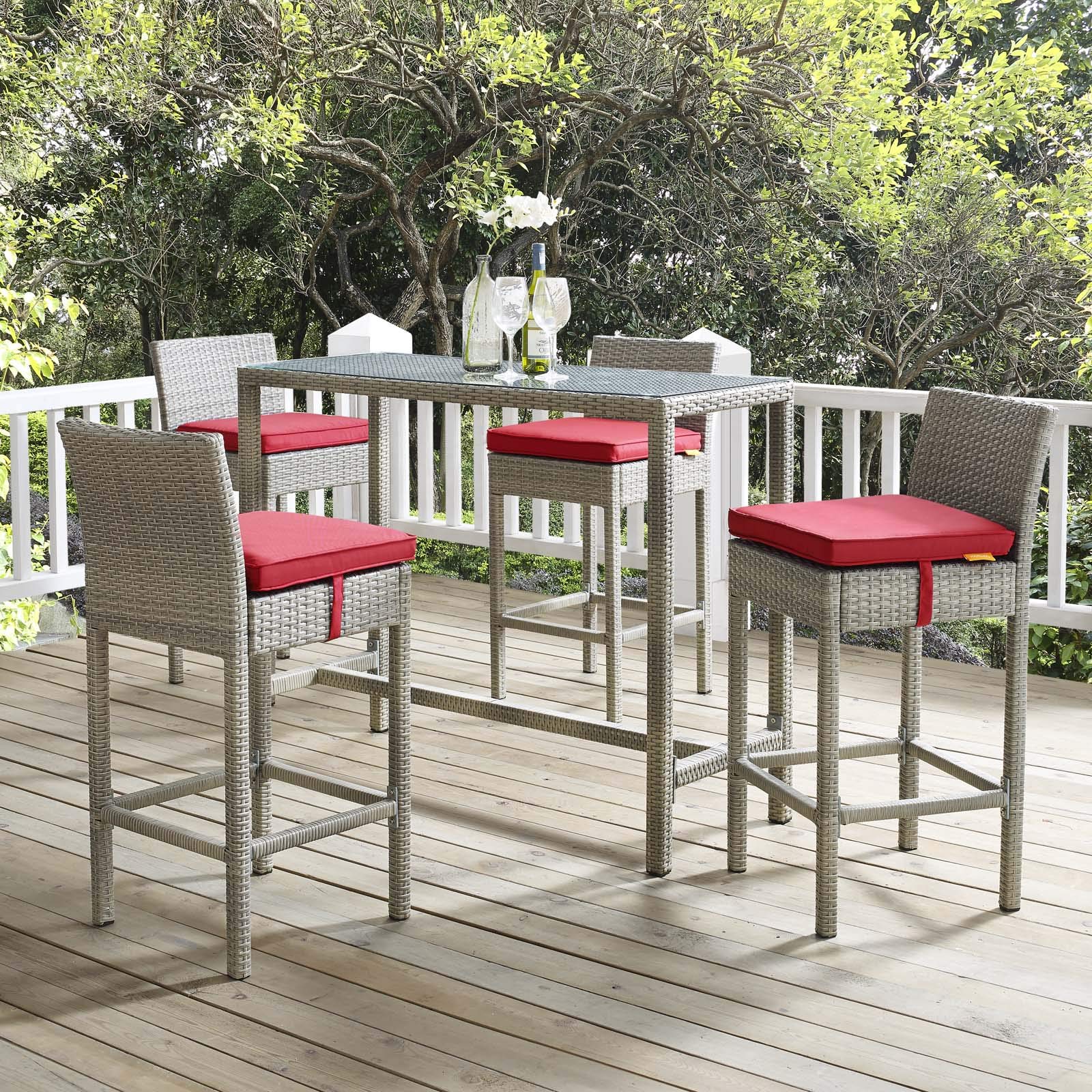 Modway EEI-3602-LGR-RED Outdoor Patio Bar Stools Set of 4 - Light Gray & Red Wicker Rattan Bar Height Stools for Backyard, Poolside & Restaurant Seating