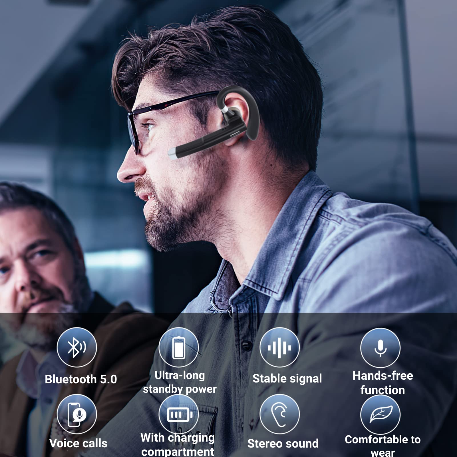 YYK-520 Wireless Bluetooth Business Headset V5.0 with Charging Case - Hands-Free Headphones for Driving, Office Meetings & Remote Work | Noise Cancelling Mic, Long Battery Life, Portable Design