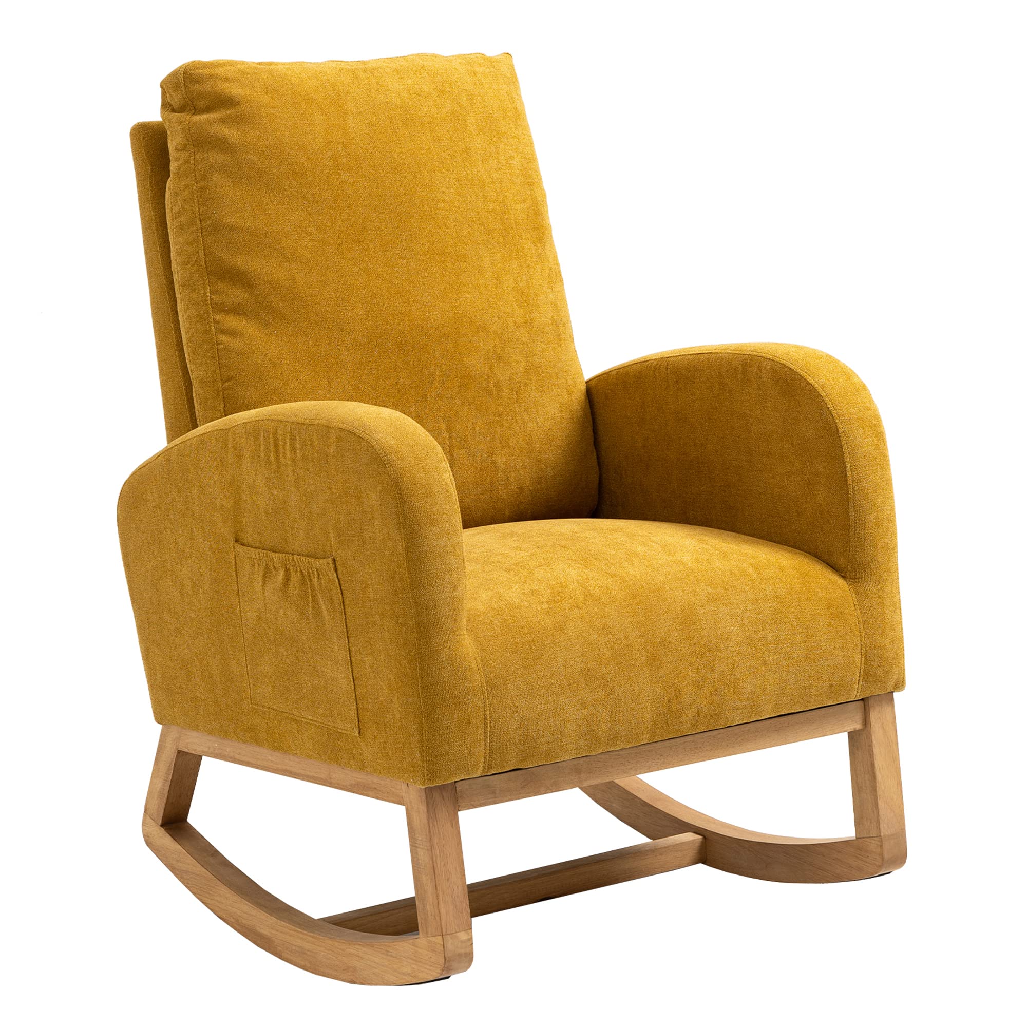 Modern Upholstered Nursery Glider Rocking Chair with Side Pocket - High Back Comfortable Armchair for Baby & Kids - Yellow Accent Rocker for Nursery, Living Room & Lounge (Perfect for Breastfeeding, Reading & Relaxing)