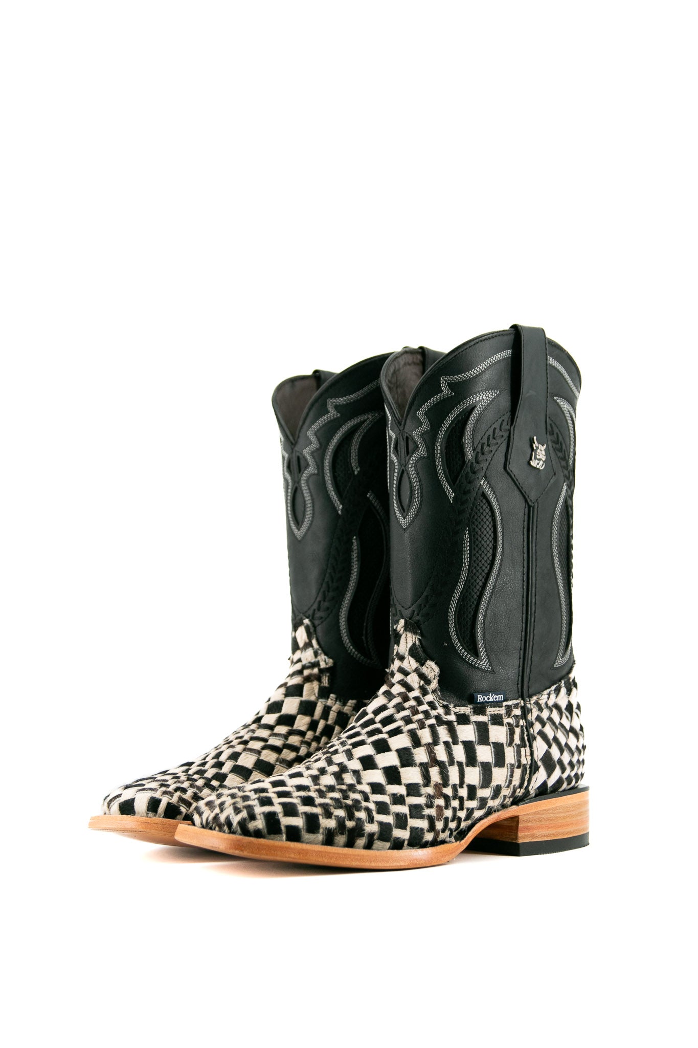 Rock'em Woven Cowhide Square Toe Cowboy Boots for Men - Western Style Leather Boots with Comfortable Fit - Perfect for Rodeo, Country Music Festivals & Casual Wear