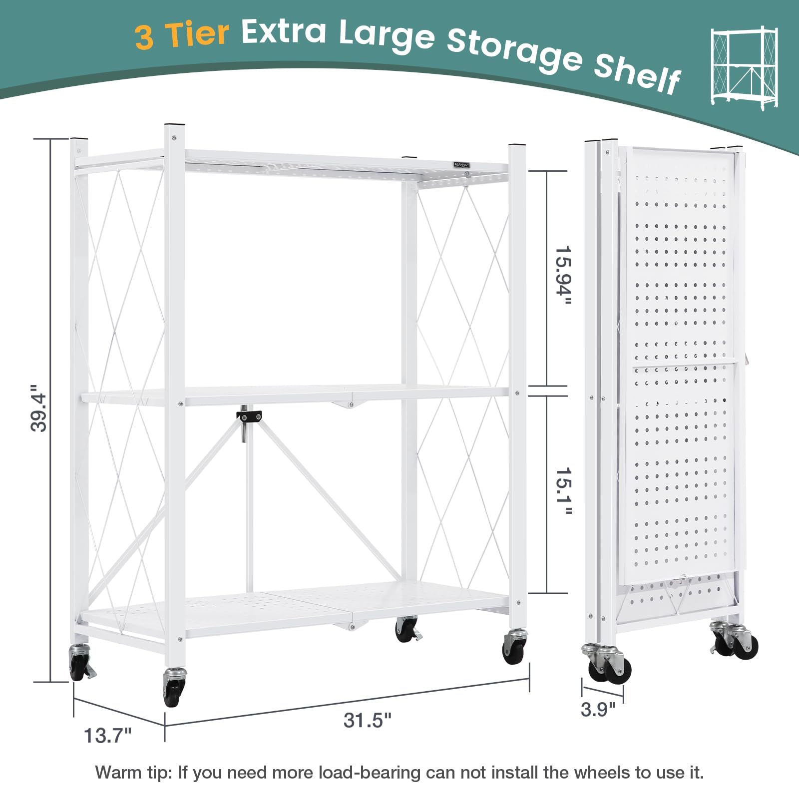 Foldable Metal Storage Shelves with Wheels - 3-Tier White Bookshelf for Kitchen, Office, Laundry & Garage - Easy Assembly Free Organizer for Home Storage & Space Saving