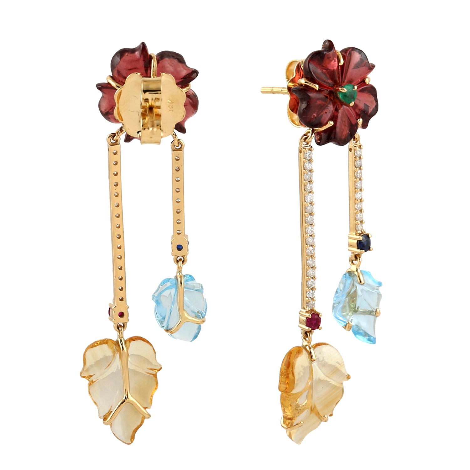18K Yellow Gold Flower Dangle Earrings with Multi Emerald & Sapphire Gemstones | Elegant Jewelry for Women, Perfect for Weddings, Parties & Special Occasions
