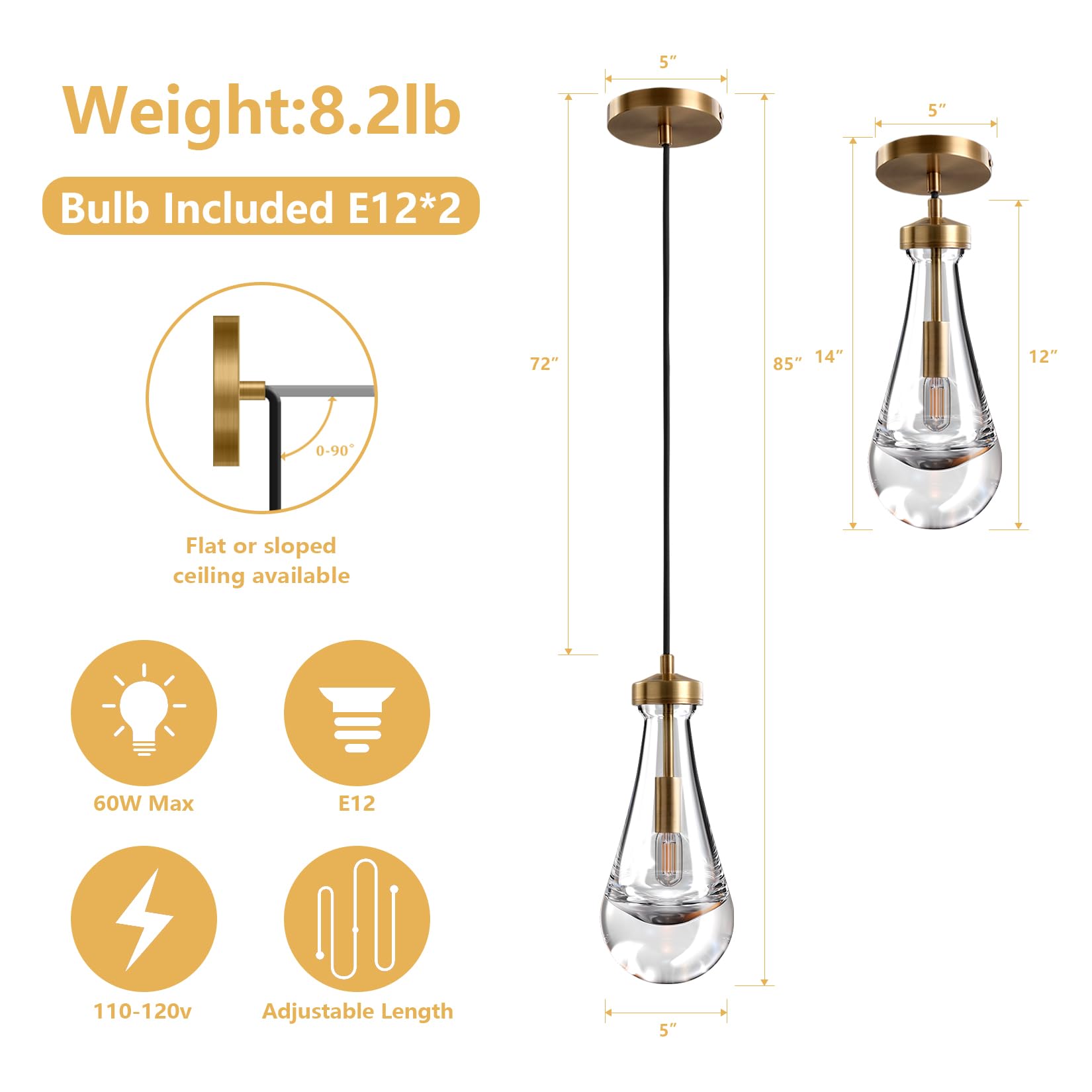 Modern Brass Pendant Light Fixtures with Raindrop Glass for Kitchen Island, Living Room, Hallway, Bedroom, Dining Hall, Office & Bar - Farmhouse Decor (Includes Bulb) | Elegant Lighting for Home & Commercial Spaces