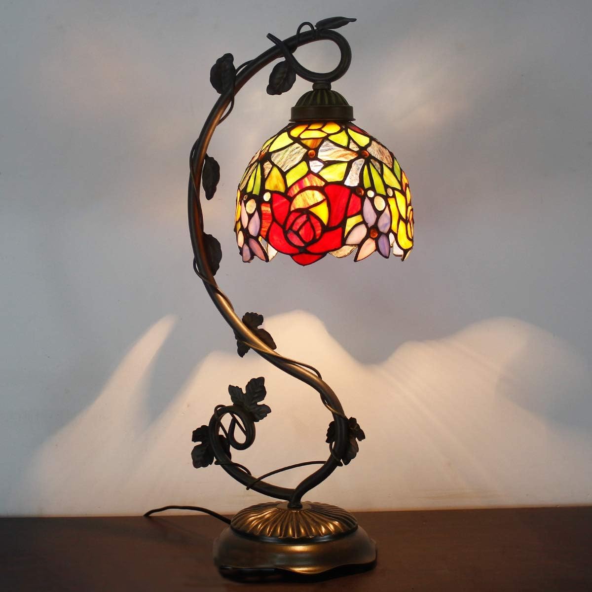 WERFACTORY Tiffany Style Table Lamp - Red Rose Stained Glass Desk Light with Metal Leaf Base, 6x10x21 Inches, Perfect for Reading, Bedroom, Home Office, and Small Space Decor (S001 Series)