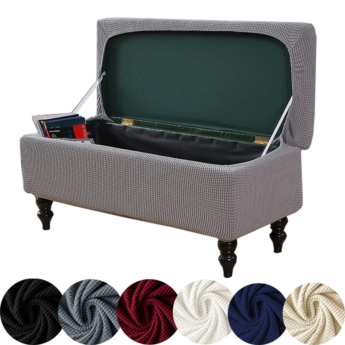 Stretch Knitted Jacquard Storage Ottoman Cover with Elastic Bands - Rectangle Folding Bench Footrest Stool Slipcover, Grey Large - Perfect for Living Room, Bedroom & Home Decor