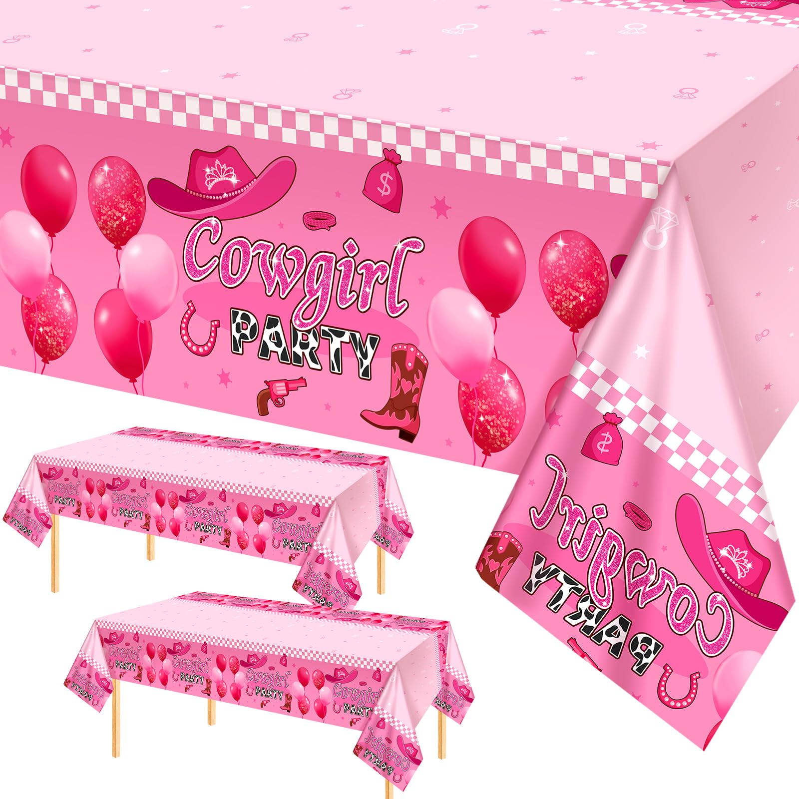 HyDren 3-Pack Pink Cowgirl Party Tablecloths 54x108 Inch - Western Disco Themed Disposable Plastic Table Covers for Cowgirl Birthday Decorations, Baby Showers & Horse Parties | Perfect for Girls, Boys & Western-Themed Events