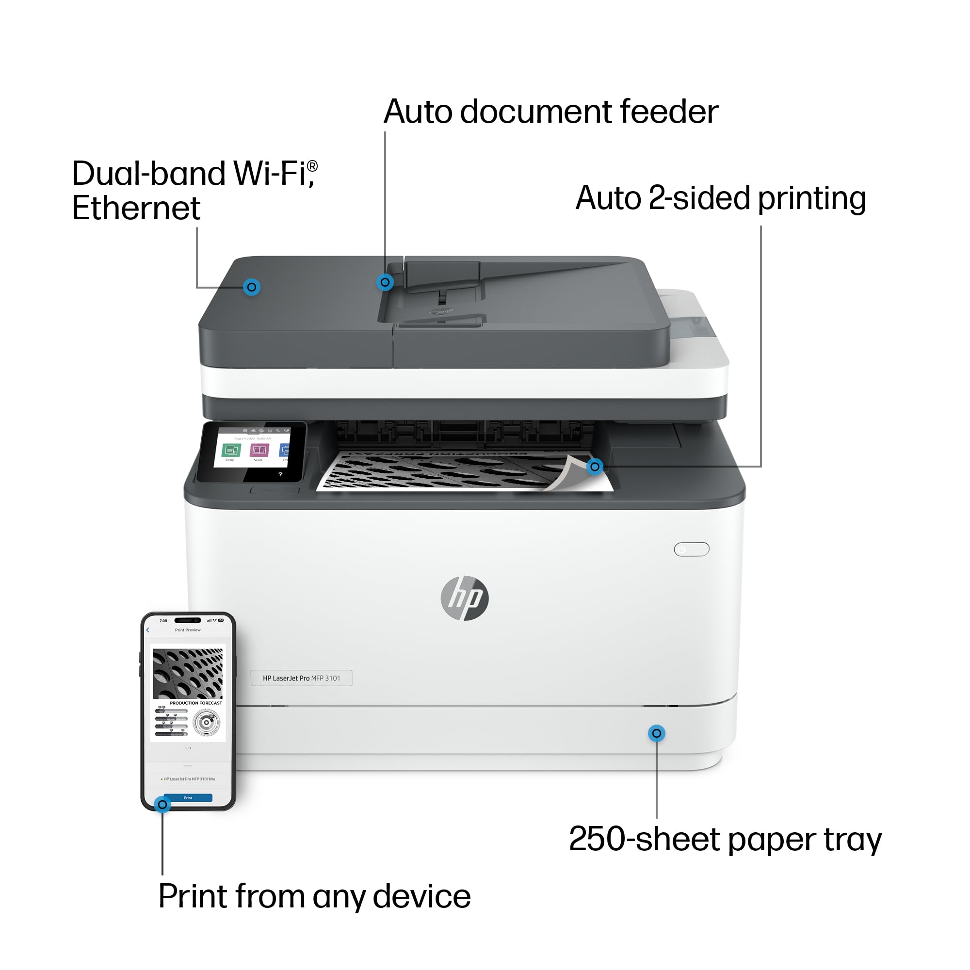HP LaserJet Pro MFP 3101fdw Wireless All-in-One Laser Printer - Black & White Printing, Scanning, Copying & Faxing | Fast Office Printer with Automatic Document Feeder | Ideal for Home Office & Small Business (3G628F)