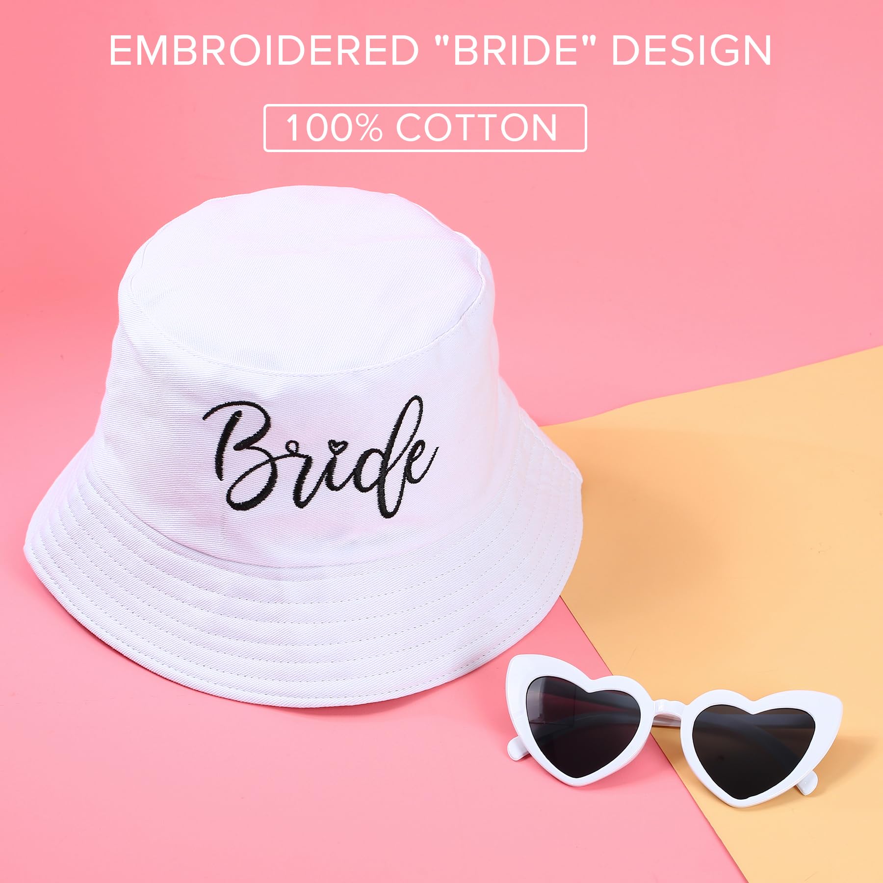 White Embroidered Bride Bucket Hat with Sunglasses - Elegant Bachelorette Party Accessories, Wedding Shower Gift for Bride to Be | Perfect for Beach Weddings, Bridal Showers & Bach Party Decorations