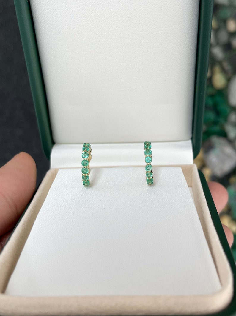 1.50tcw 14K Gold Medium Green Round Cut Emerald Prong Set Half Hoop Huggie Earrings for Women - Elegant Everyday Jewelry Gift for Her, Perfect for Parties, Weddings & Special Occasions