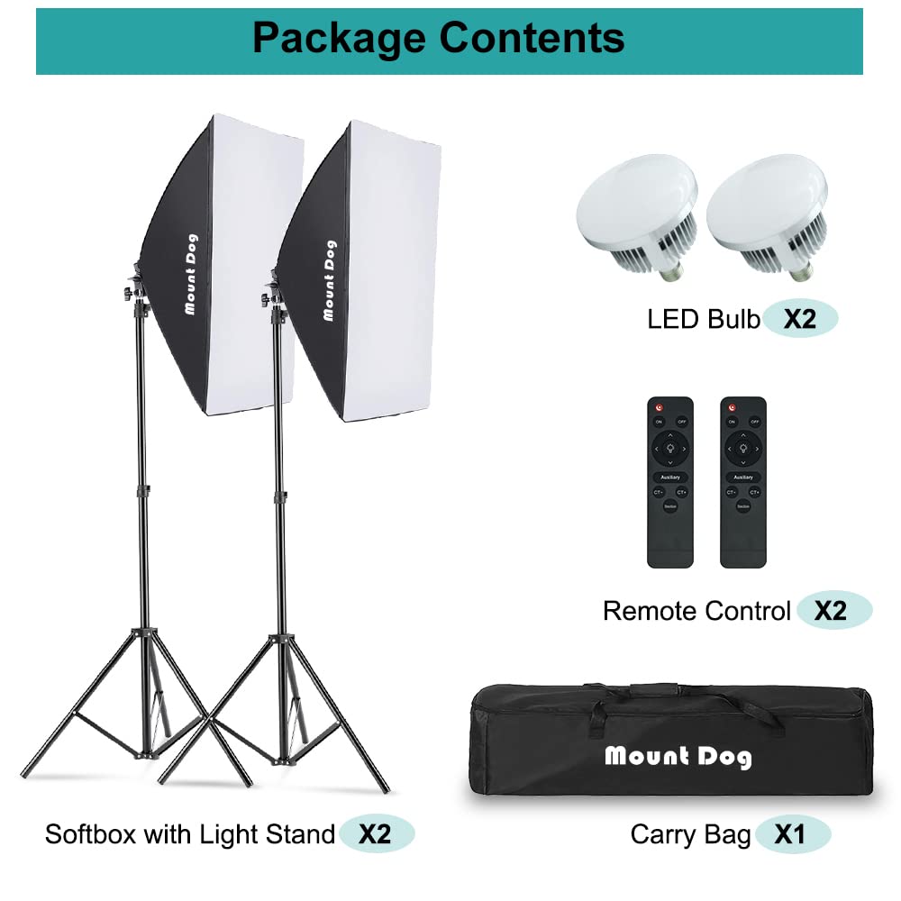 MOUNTDOG 85W Dimmable LED Softbox Lighting Kit with 3 Color Bulbs (2700K-6400K) - Continuous Studio Light for Photography, YouTube Videos & Portrait Shooting - Includes Remote Control & Adjustable Stand - Perfect for Home Studio, Product Photography & Live Streaming