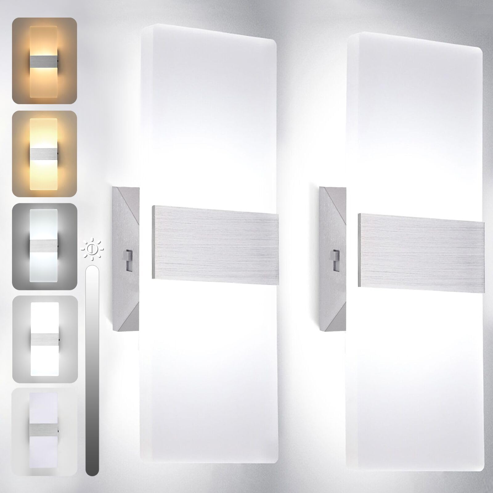 TRLIFE Dimmable LED Wall Sconces - 12W Modern Wall Mounted Light Fixtures with 4 Adjustable Color Temperatures (Set of 2, Silver) | Perfect for Bedroom, Living Room, Hallway & Stairway Lighting