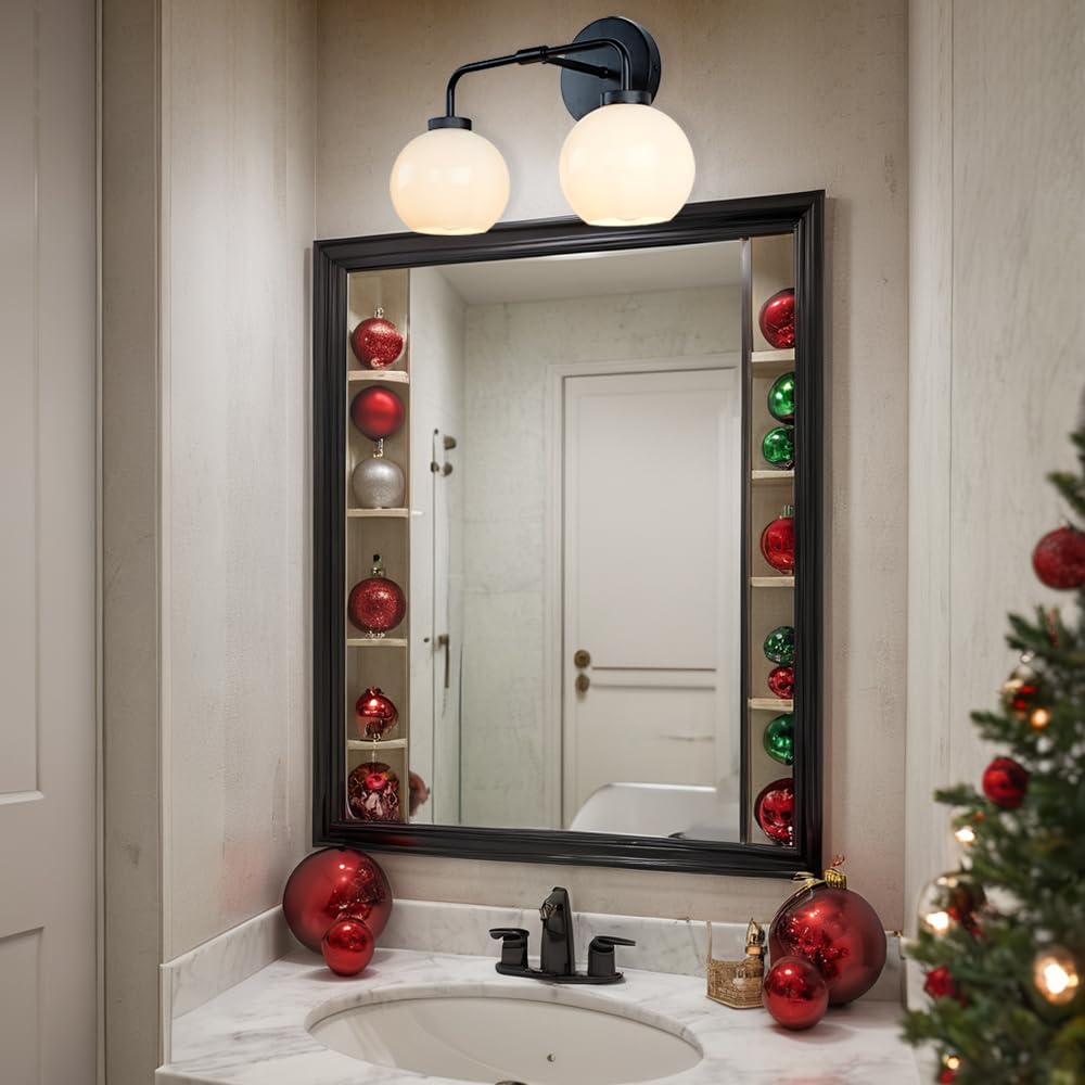 17 Inch Modern Glass Globe Double Sconce Wall Light - Matte Black Metal Finish with Hand-Polished Milky Glass Shade - Elegant Vanity Lighting for Bedroom, Bathroom & Over Mirror - Perfect for Indoor Home Decor & Ambient Lighting