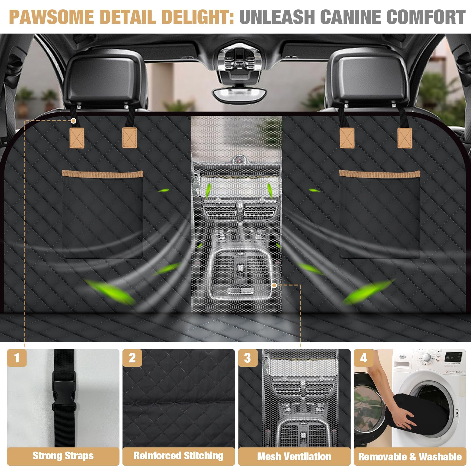 Lekespring Dog Car Seat Cover - Heavy Duty Back Seat Extender & Hammock for Large Dogs, SUV, Truck - Non-Slip Waterproof Pet Car Bed Protector (Black) | Perfect for Road Trips, Vet Visits & Outdoor Adventures