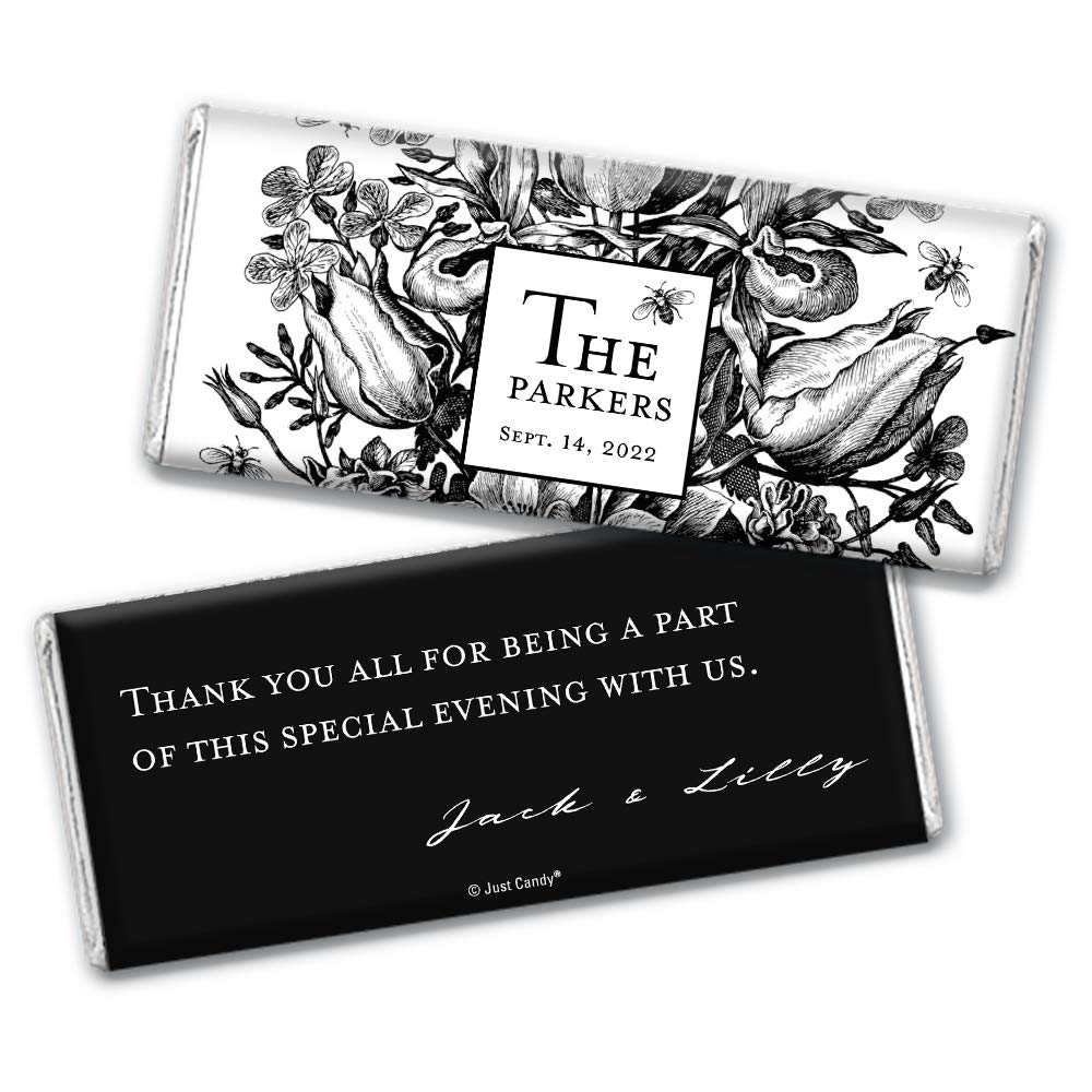 Personalized Floral Wedding Chocolate Bars - 36 Count Black & White Custom Candy Favors for Bridal Shower, Reception & Anniversary Gifts