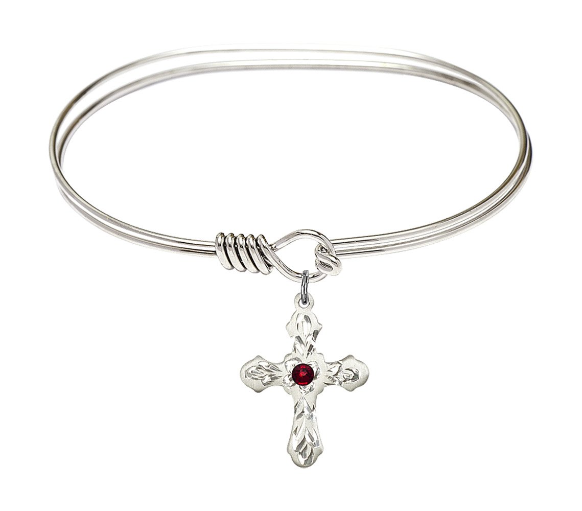 7 Inch Oval Eye Hook Bangle Bracelet with Cross Charm & January Red Crystal - Elegant Jewelry for Women, Perfect for Gifts, Parties, and Everyday Wear