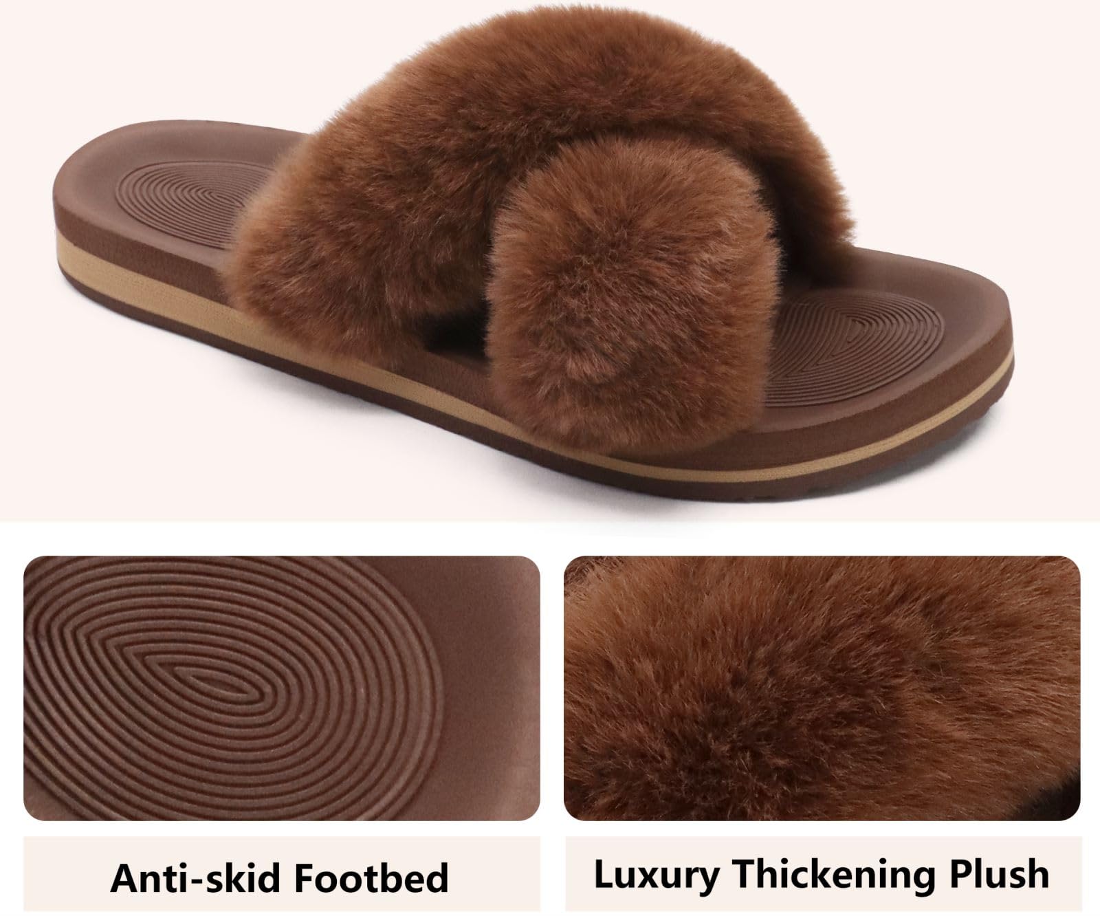 COFACE Women's Fuzzy Slides - Fluffy Faux Fur House Slippers with Arch Support, Open Toe Sandals for Indoor/Outdoor Use - Perfect for Yoga, Lounging & Home Comfort