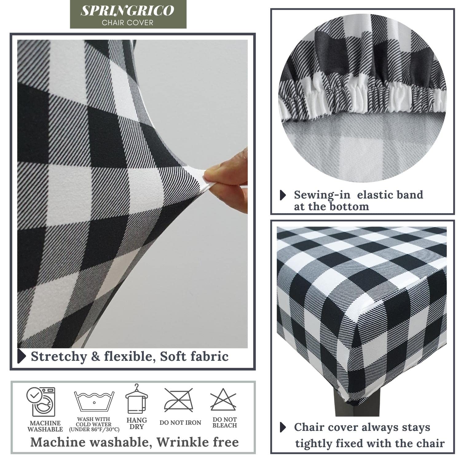 SPRINGRICO 6-Pack Stretch Dining Chair Covers - Spandex Kitchen Parsons Chair Slipcovers in Buffalo Check Black & White Pattern (Set of 6) - Perfect for Home Dining Room, Restaurant, and Wedding Decor