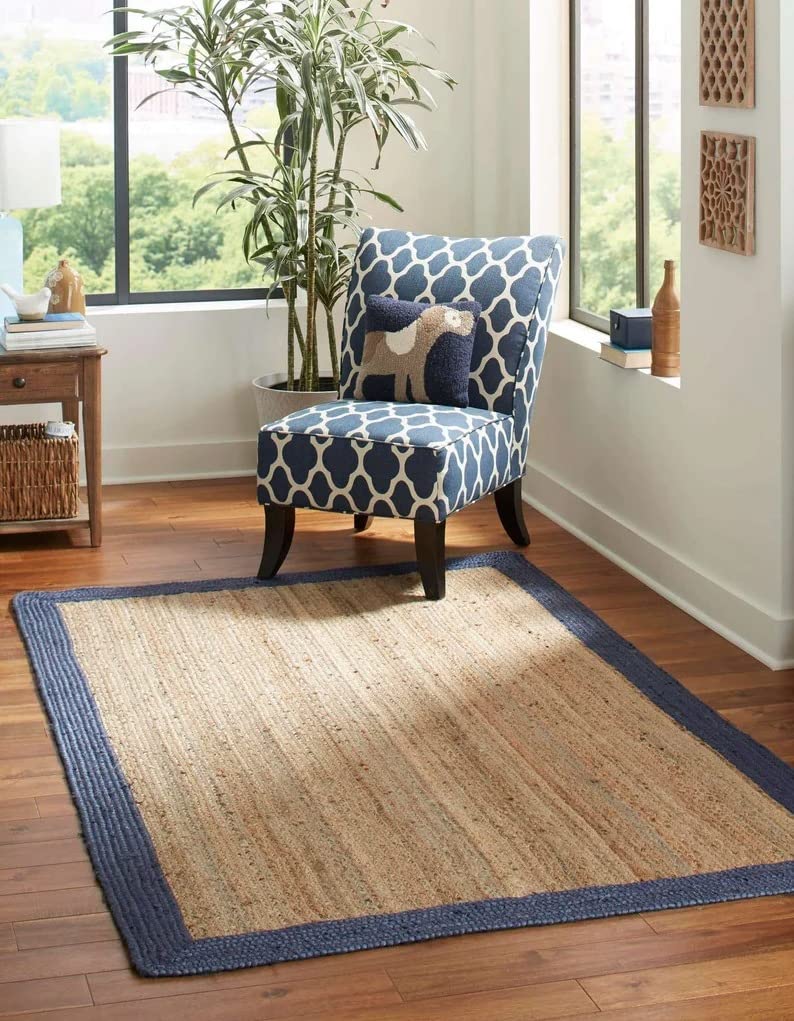 Navy Blue Jute Handwoven Rug - Eco-Friendly Natural Rectangle Rug 8x8 Ft by KULDEEP HANDICRAFTS | Perfect for Living Room, Bedroom & Boho Home Decor